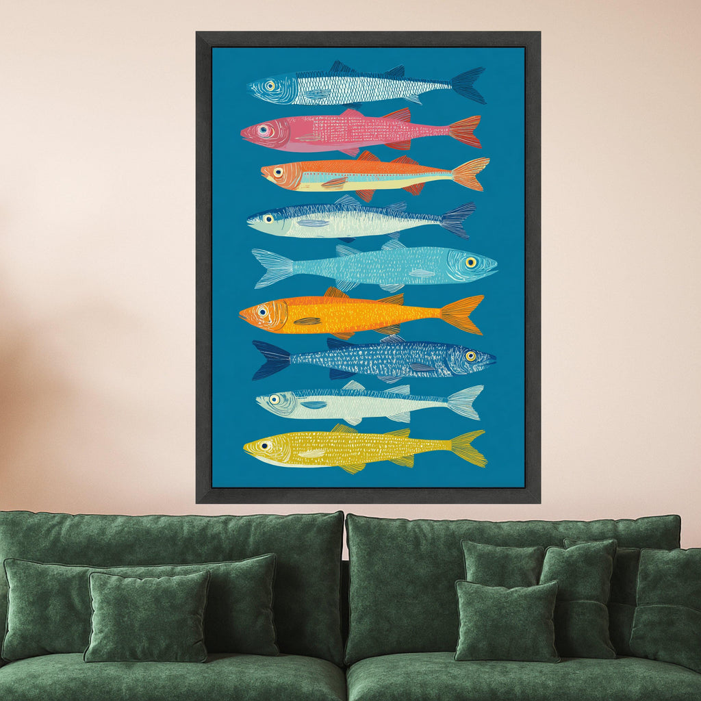 Vibrant Colorful Sardines Canvas Wall Art, Nautical Fish Illustration, Coastal Home Decoration, Modern Marine Wall Art, Sea Life Canvas