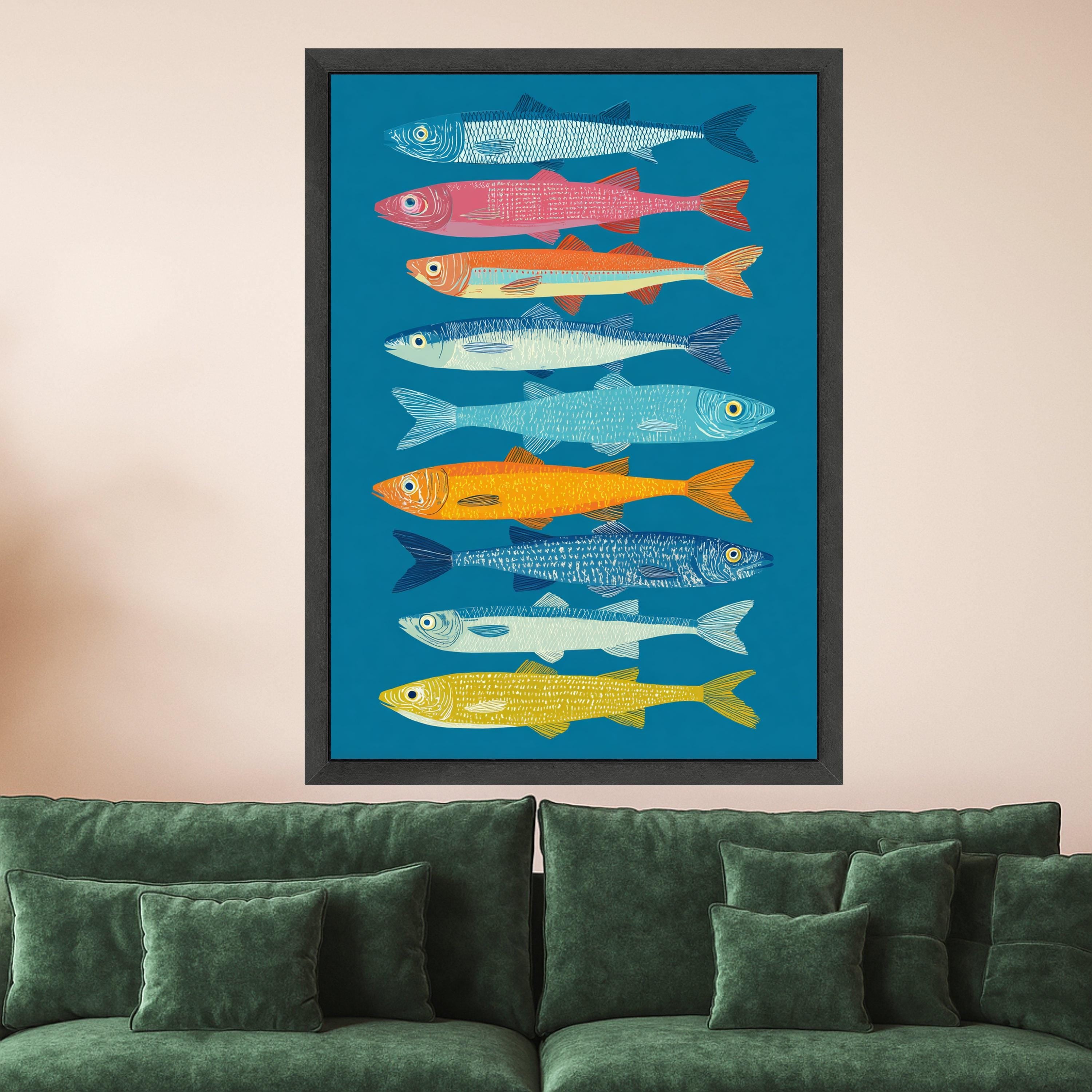 Vibrant Colorful Sardines Canvas Wall Art, Nautical Fish Illustration, Coastal Home Decoration, Modern Marine Wall Art, Sea Life Canvas