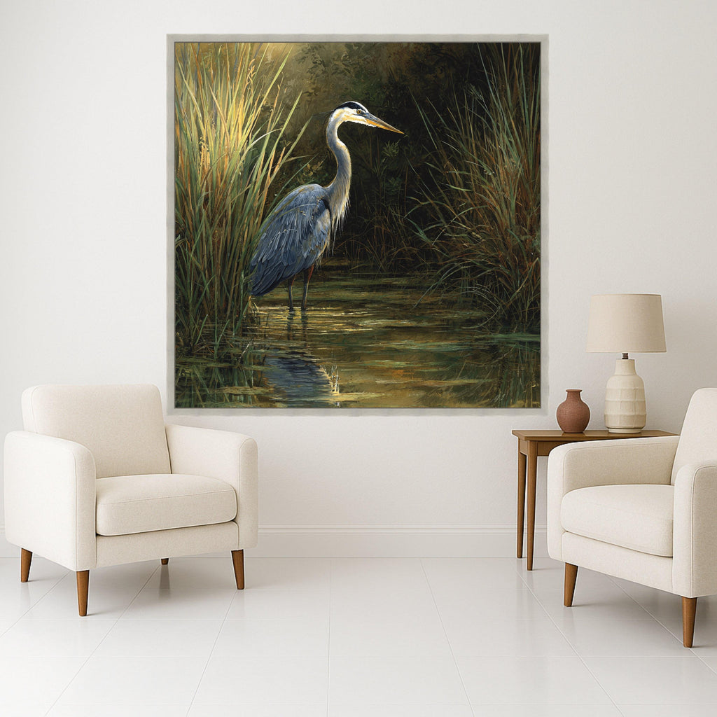 Majestic Heron in Marsh, Wildlife Canvas Wall Art, Nature Scene Decor, Bird Water Reflection Painting, Rustic Home Decoration