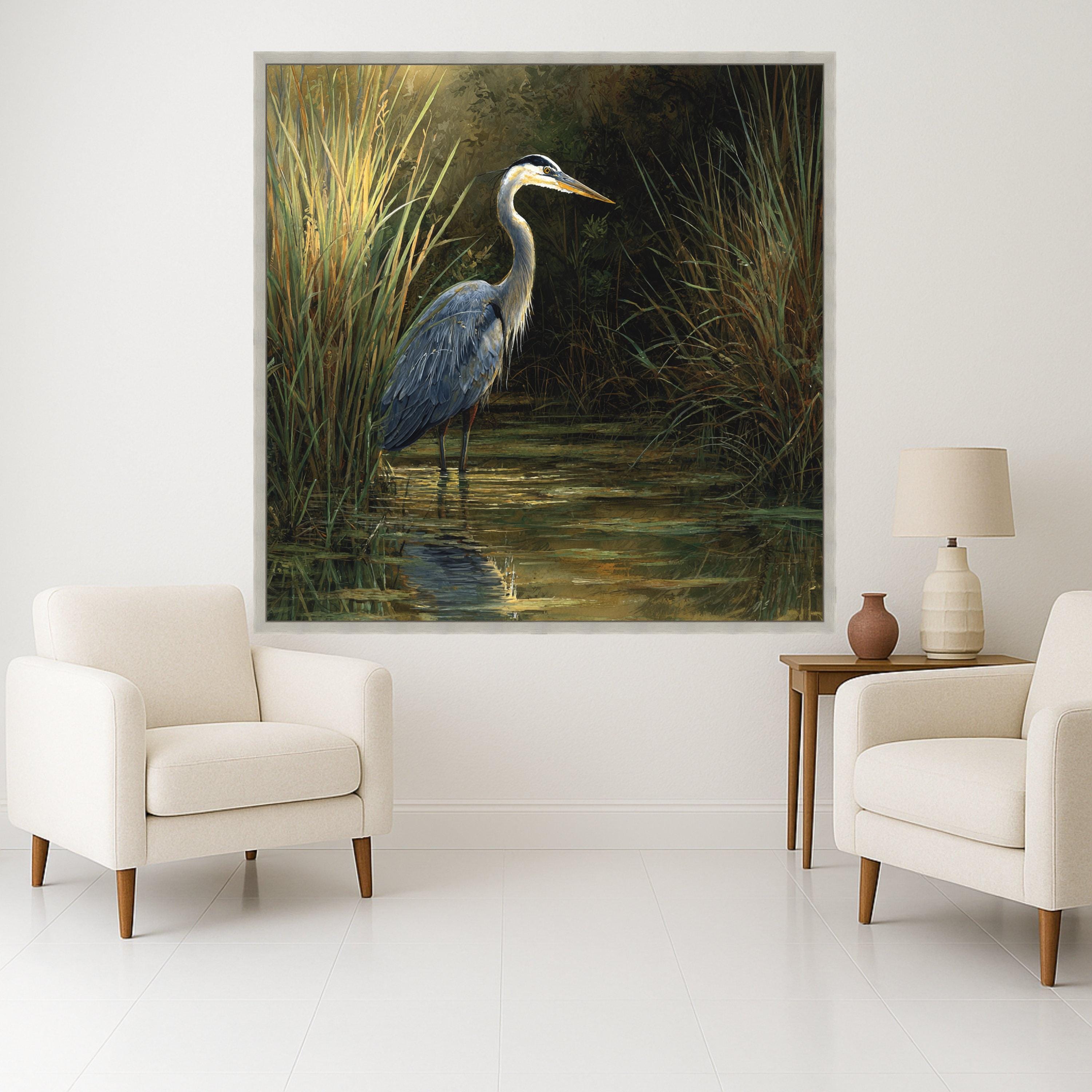 Majestic Heron in Marsh, Wildlife Canvas Wall Art, Nature Scene Decor, Bird Water Reflection Painting, Rustic Home Decoration