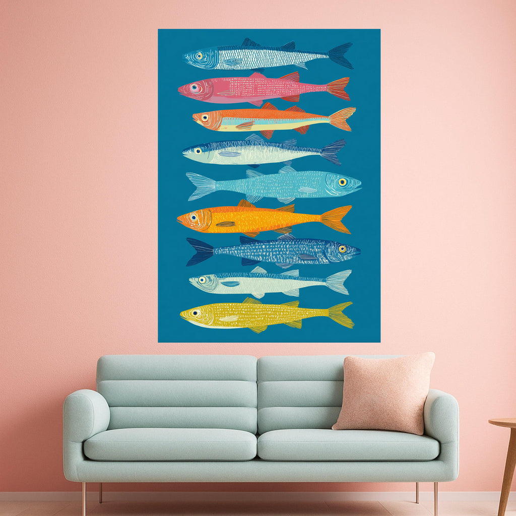 Vibrant Colorful Sardines Canvas Wall Art, Nautical Fish Illustration, Coastal Home Decoration, Modern Marine Wall Art, Sea Life Canvas