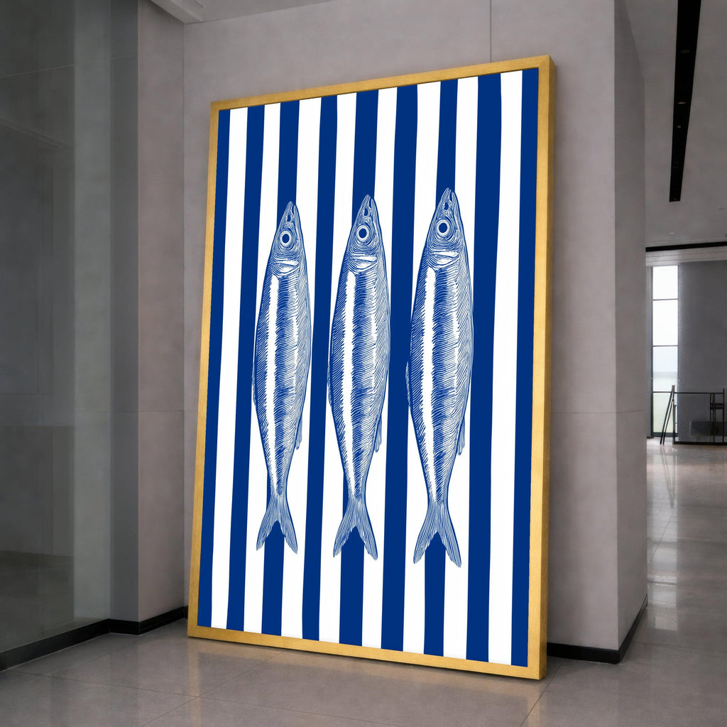 Nautical Fish Trio Canvas Wall Art, Blue Striped Background, Coastal Marine Decor, Seafood Illustration Canvas, Ocean Inspired Wall Hanging