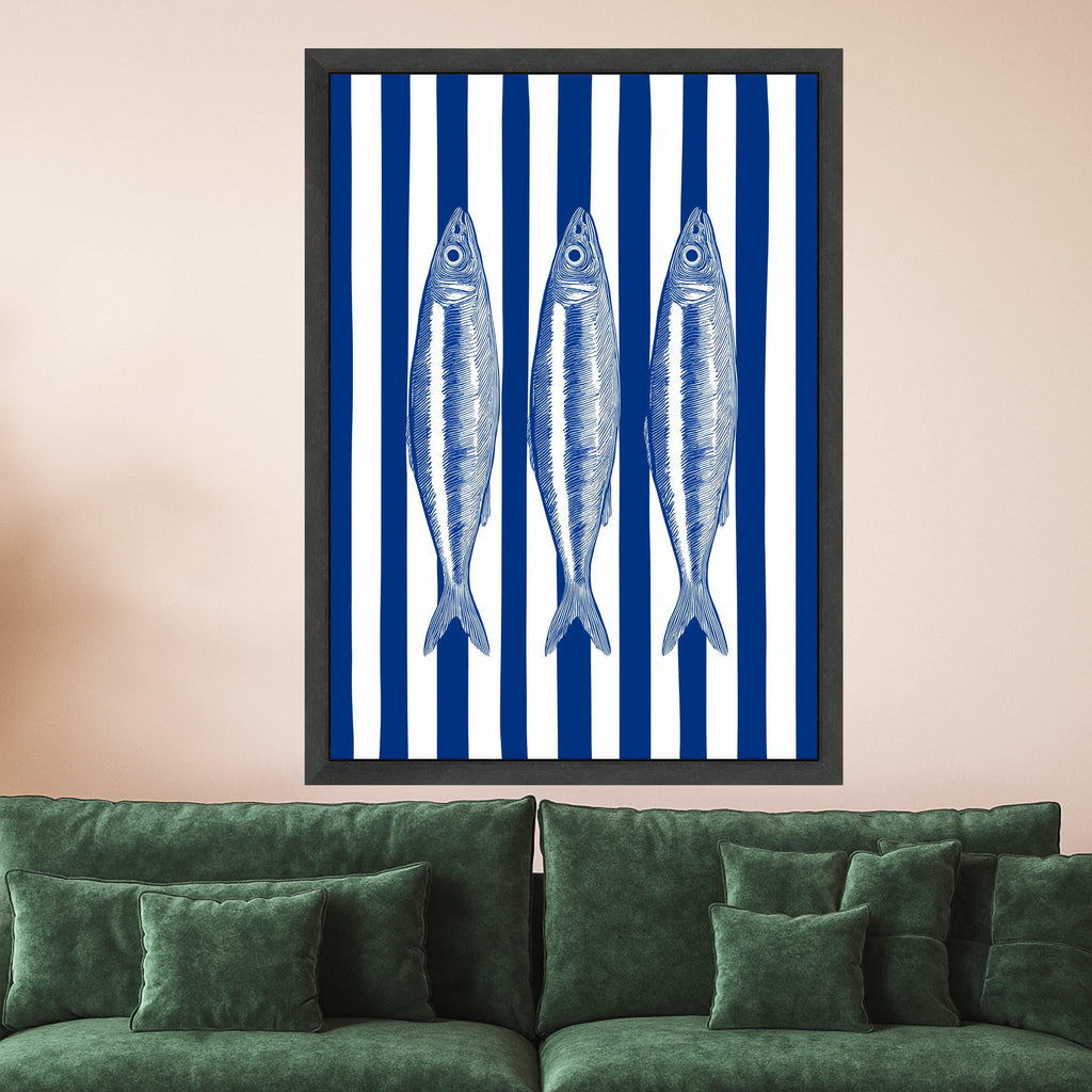 Nautical Fish Trio Canvas Wall Art, Blue Striped Background, Coastal Marine Decor, Seafood Illustration Canvas, Ocean Inspired Wall Hanging