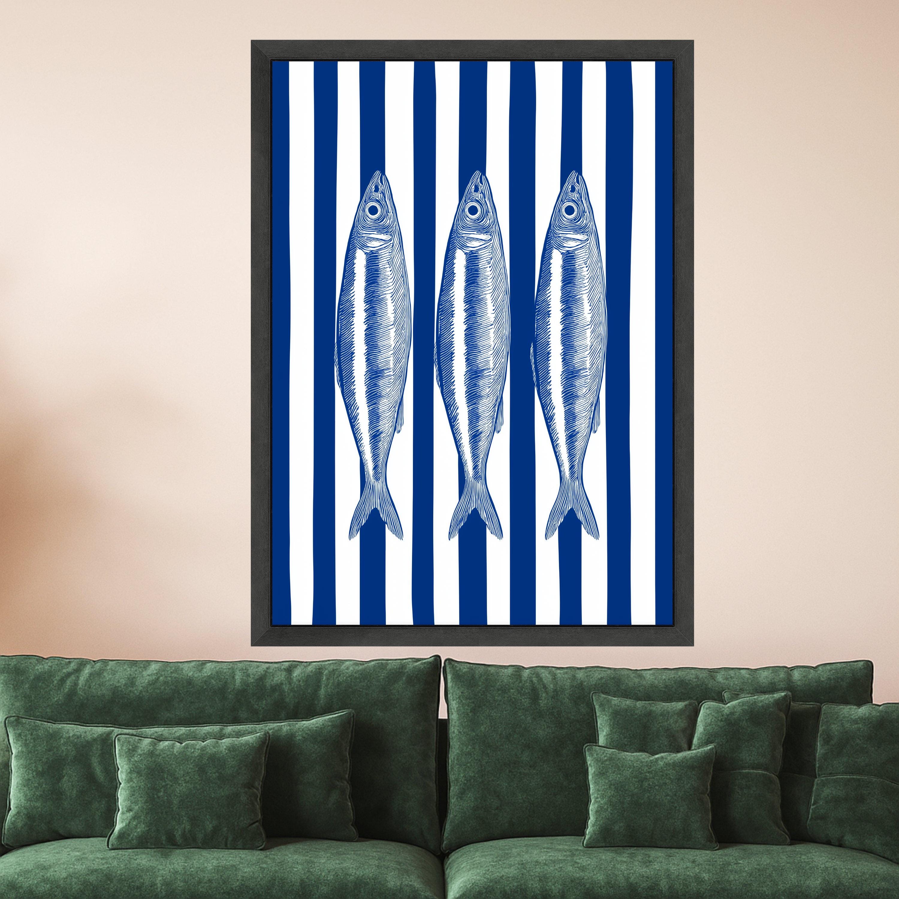 Nautical Fish Trio Canvas Wall Art, Blue Striped Background, Coastal Marine Decor, Seafood Illustration Canvas, Ocean Inspired Wall Hanging