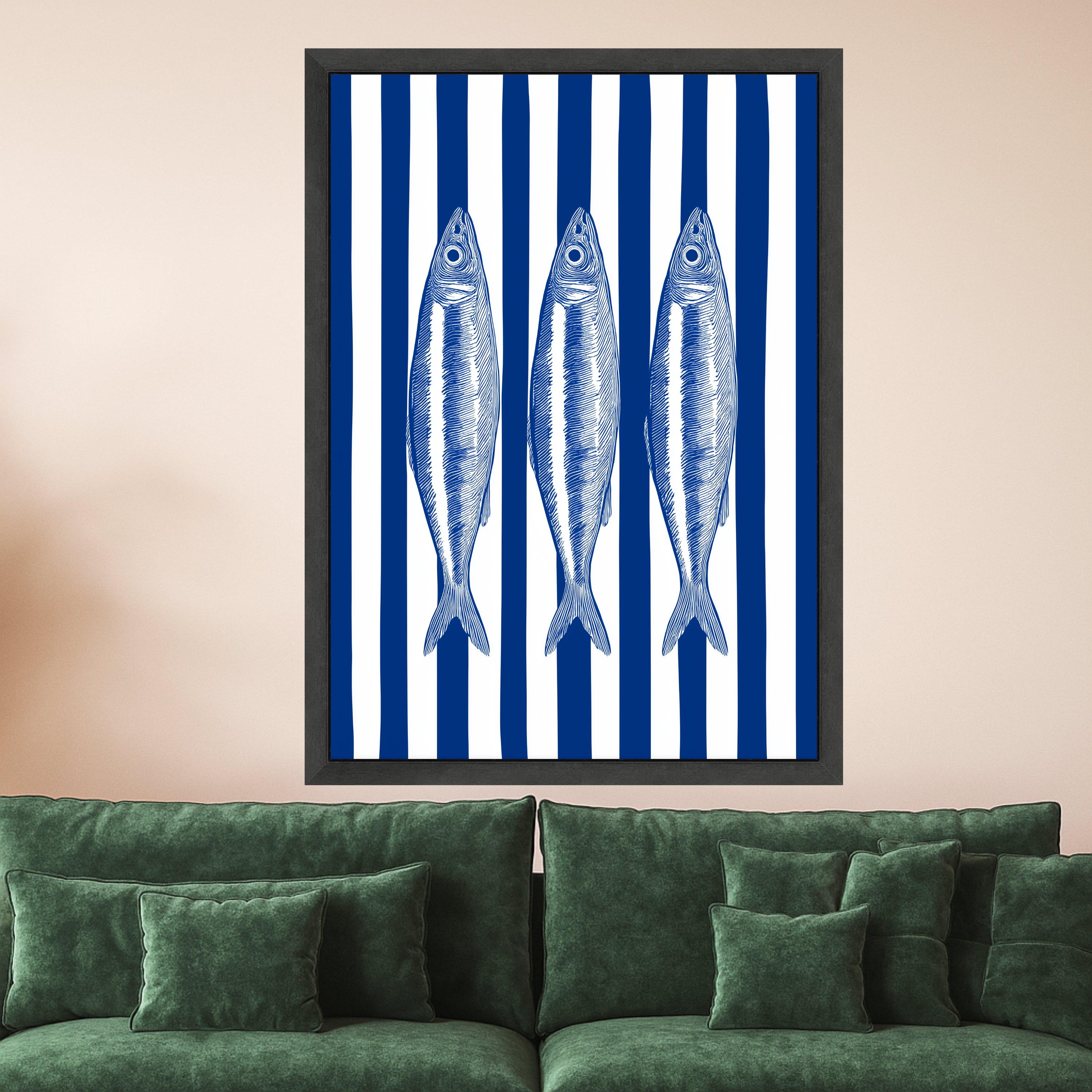 Nautical Fish Trio Canvas Wall Art, Blue Striped Background, Coastal Marine Decor, Seafood Illustration Canvas, Ocean Inspired Wall Hanging
