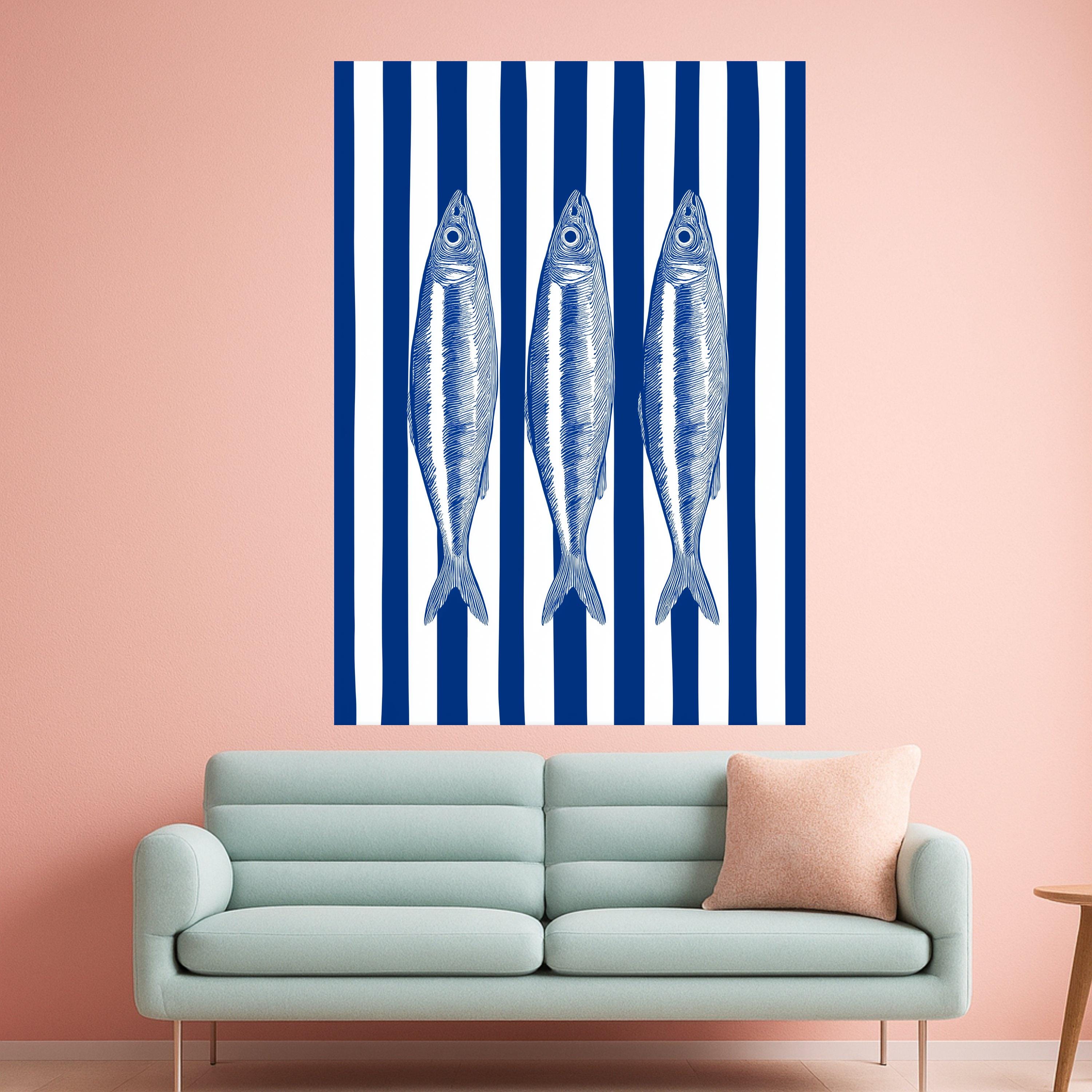 Nautical Fish Trio Canvas Wall Art, Blue Striped Background, Coastal Marine Decor, Seafood Illustration Canvas, Ocean Inspired Wall Hanging