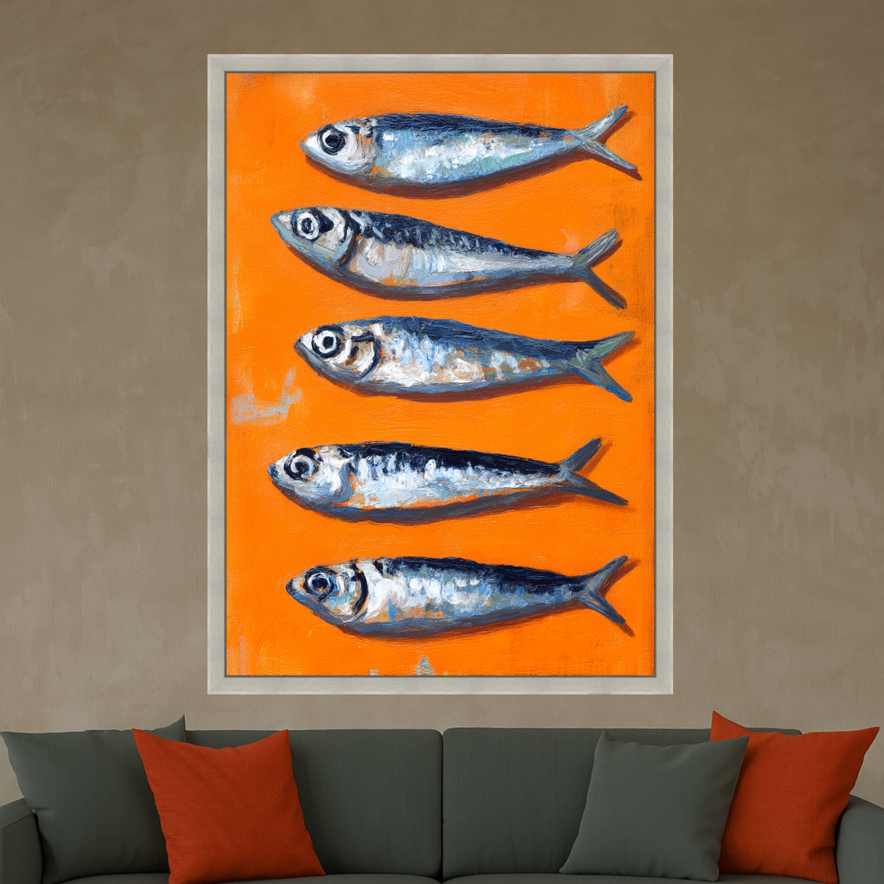 Vibrant Sardines Painting Canvas, Orange Background Sea Life Art, Kitchen Wall Decor, Coastal Fish Illustration, Modern Canvas Wall Art