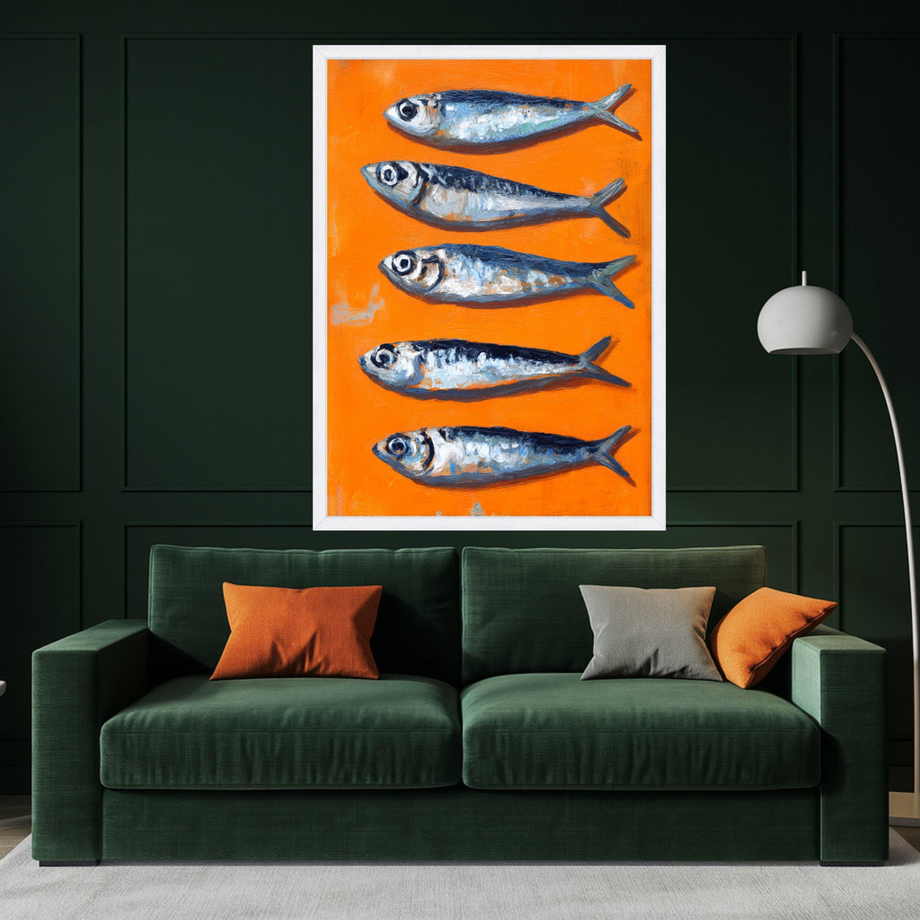 Vibrant Sardines Painting Canvas, Orange Background Sea Life Art, Kitchen Wall Decor, Coastal Fish Illustration, Modern Canvas Wall Art