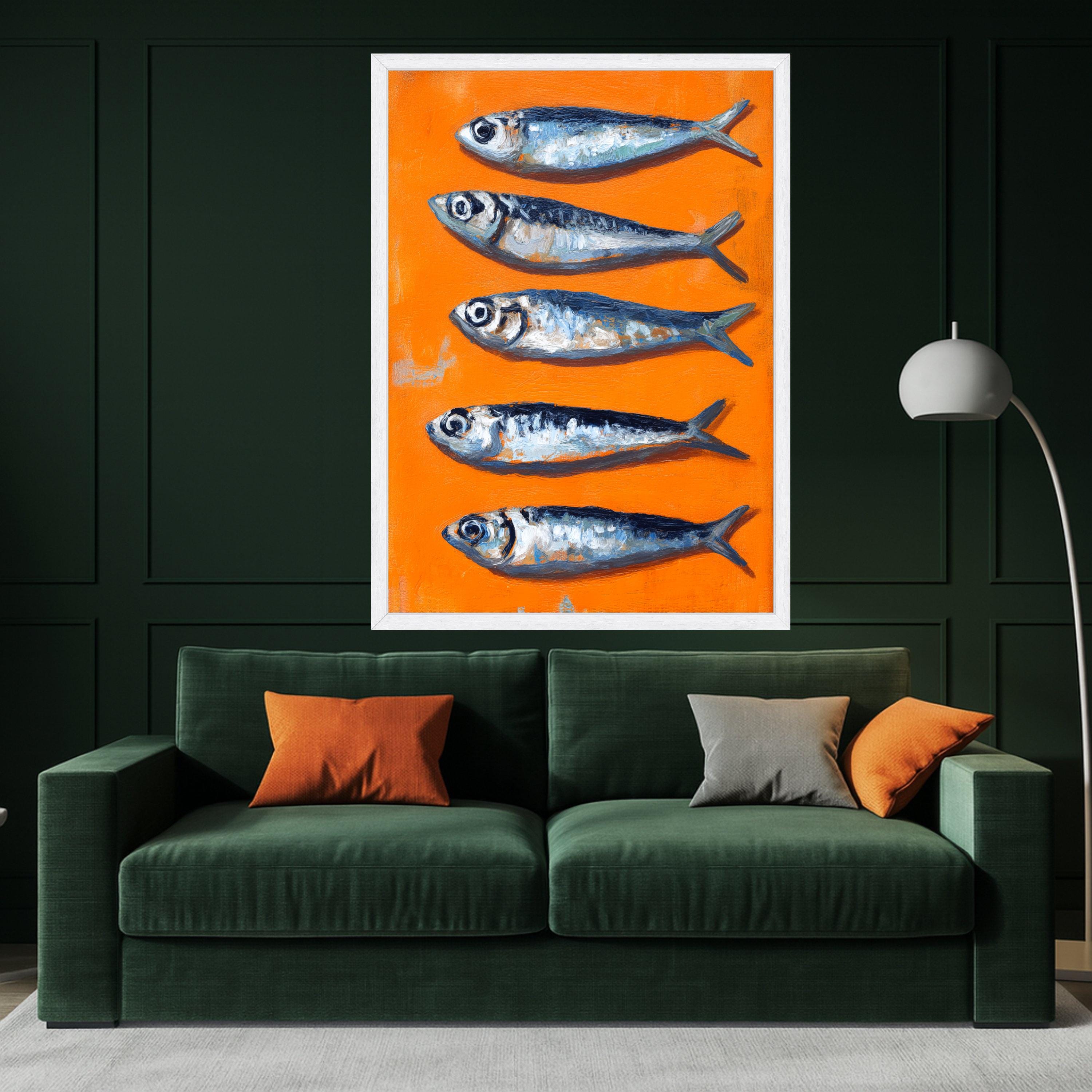 Vibrant Sardines Painting Canvas, Orange Background Sea Life Art, Kitchen Wall Decor, Coastal Fish Illustration, Modern Canvas Wall Art