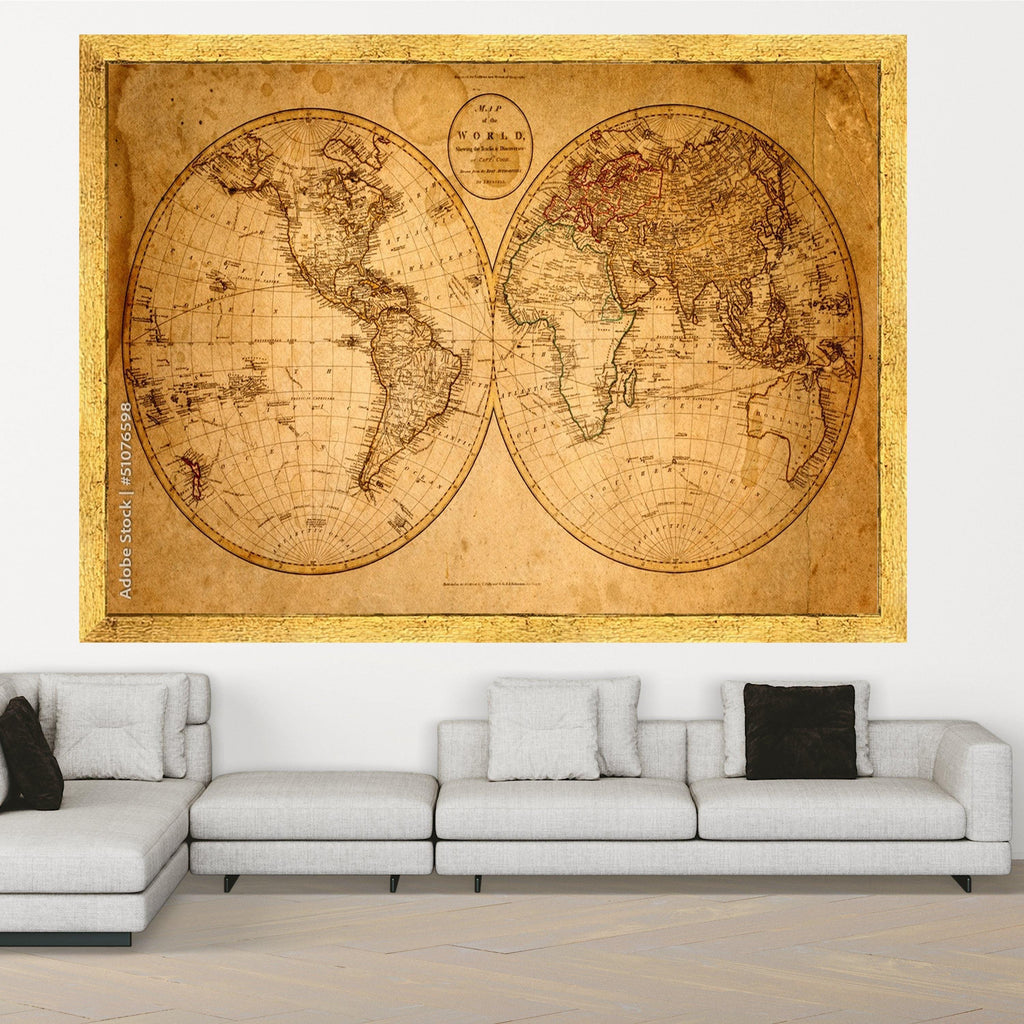 Large Framed Antique Map, Vintage World Canvas, Historical Wall Art, Sepia Tone Print