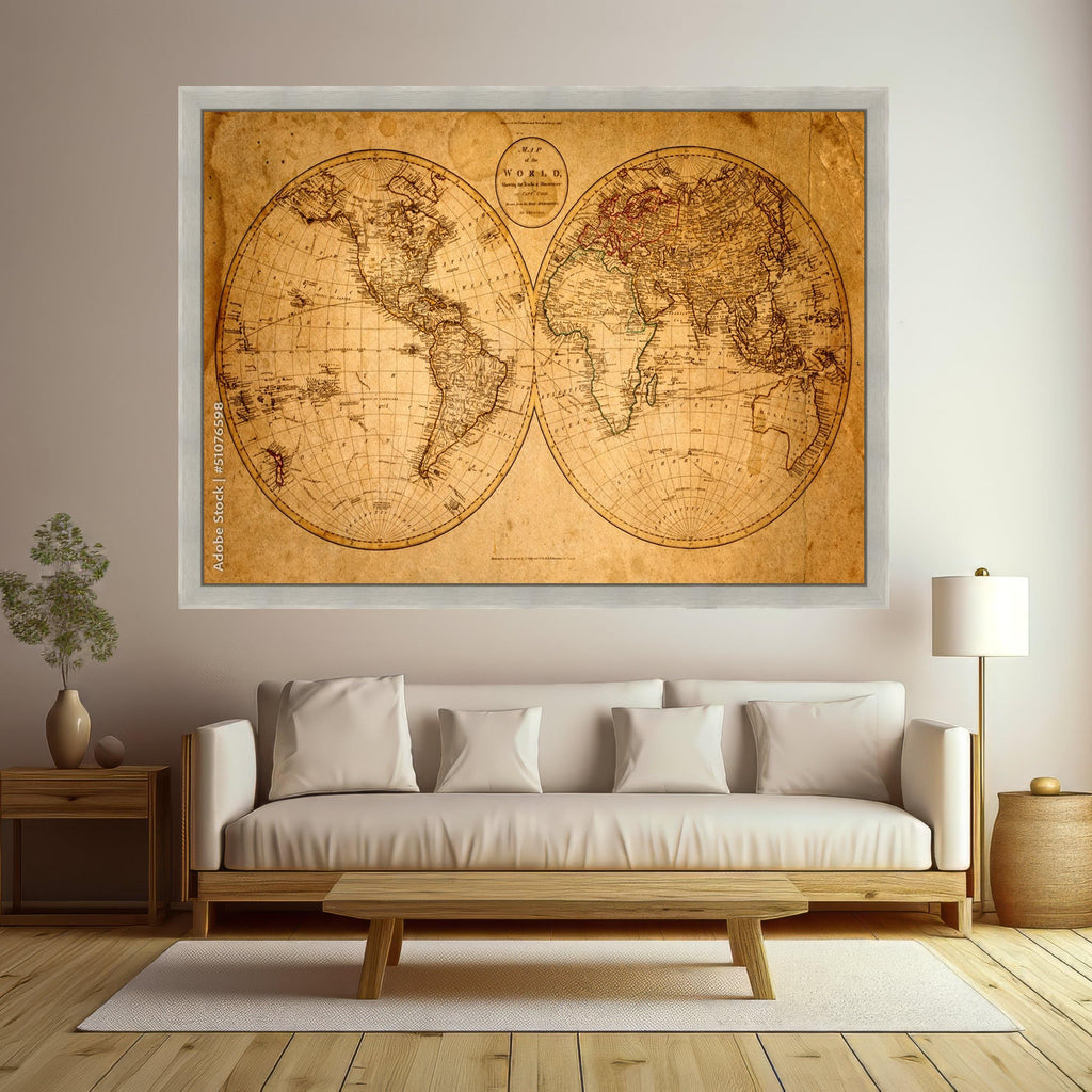 Large Framed Antique Map, Vintage World Canvas, Historical Wall Art, Sepia Tone Print