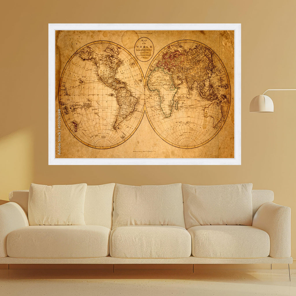 Large Framed Antique Map, Vintage World Canvas, Historical Wall Art, Sepia Tone Print