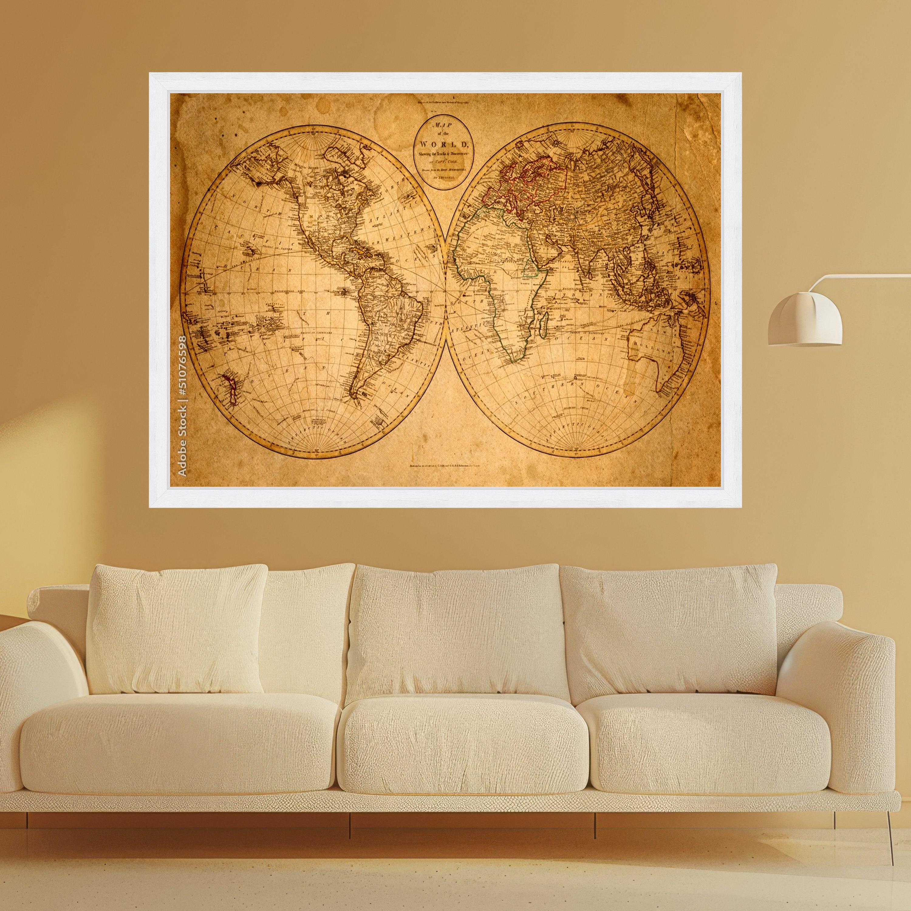 Large Framed Antique Map, Vintage World Canvas, Historical Wall Art, Sepia Tone Print