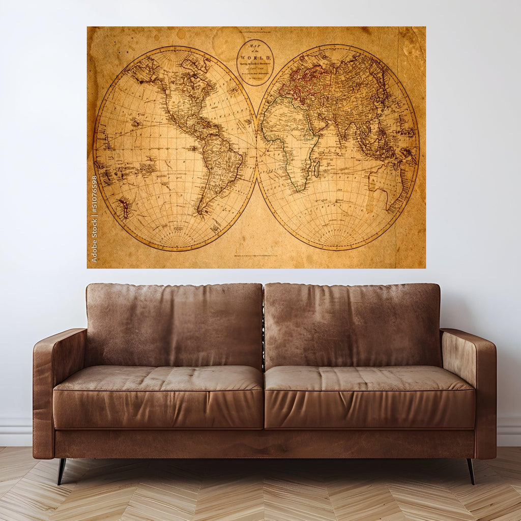 Large Framed Antique Map, Vintage World Canvas, Historical Wall Art, Sepia Tone Print