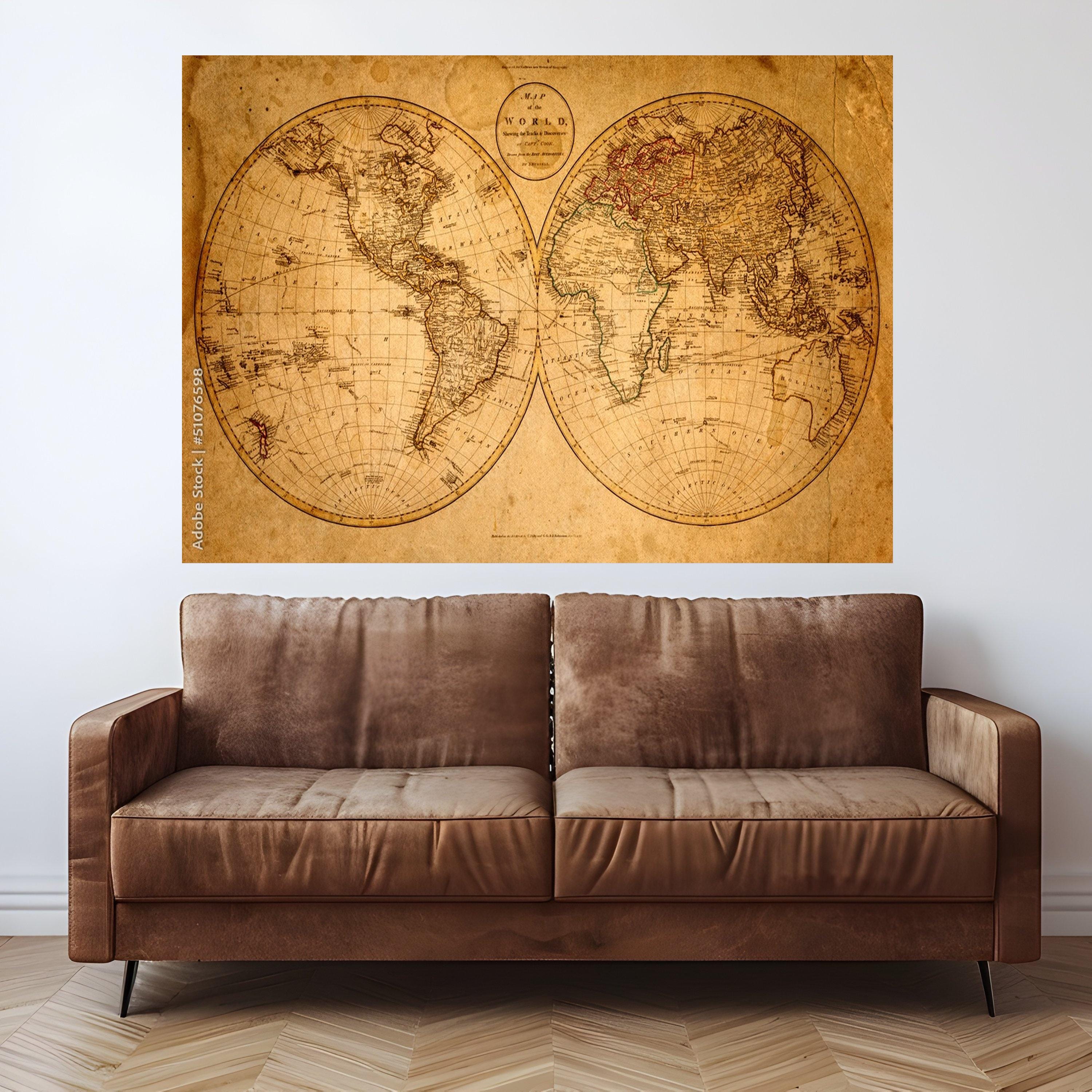 Large Framed Antique Map, Vintage World Canvas, Historical Wall Art, Sepia Tone Print