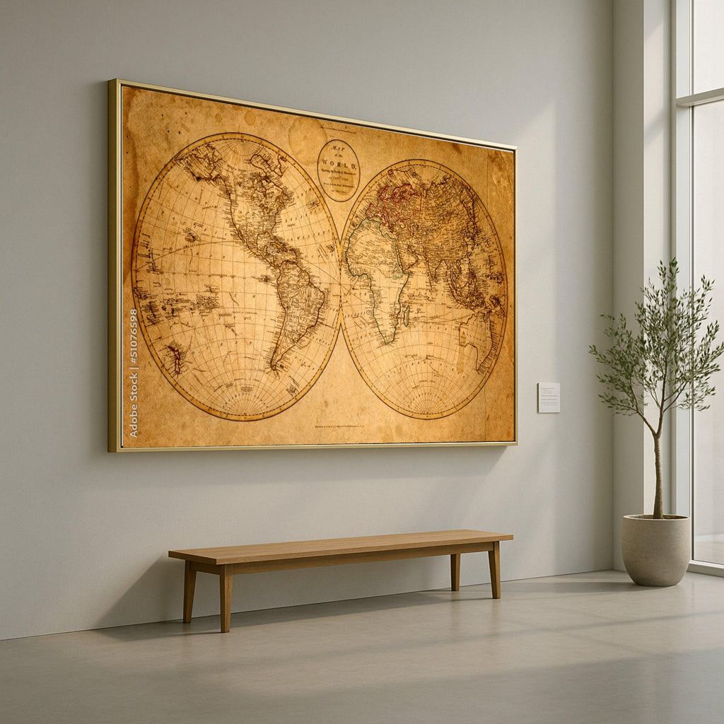 Large Framed Antique Map, Vintage World Canvas, Historical Wall Art, Sepia Tone Print