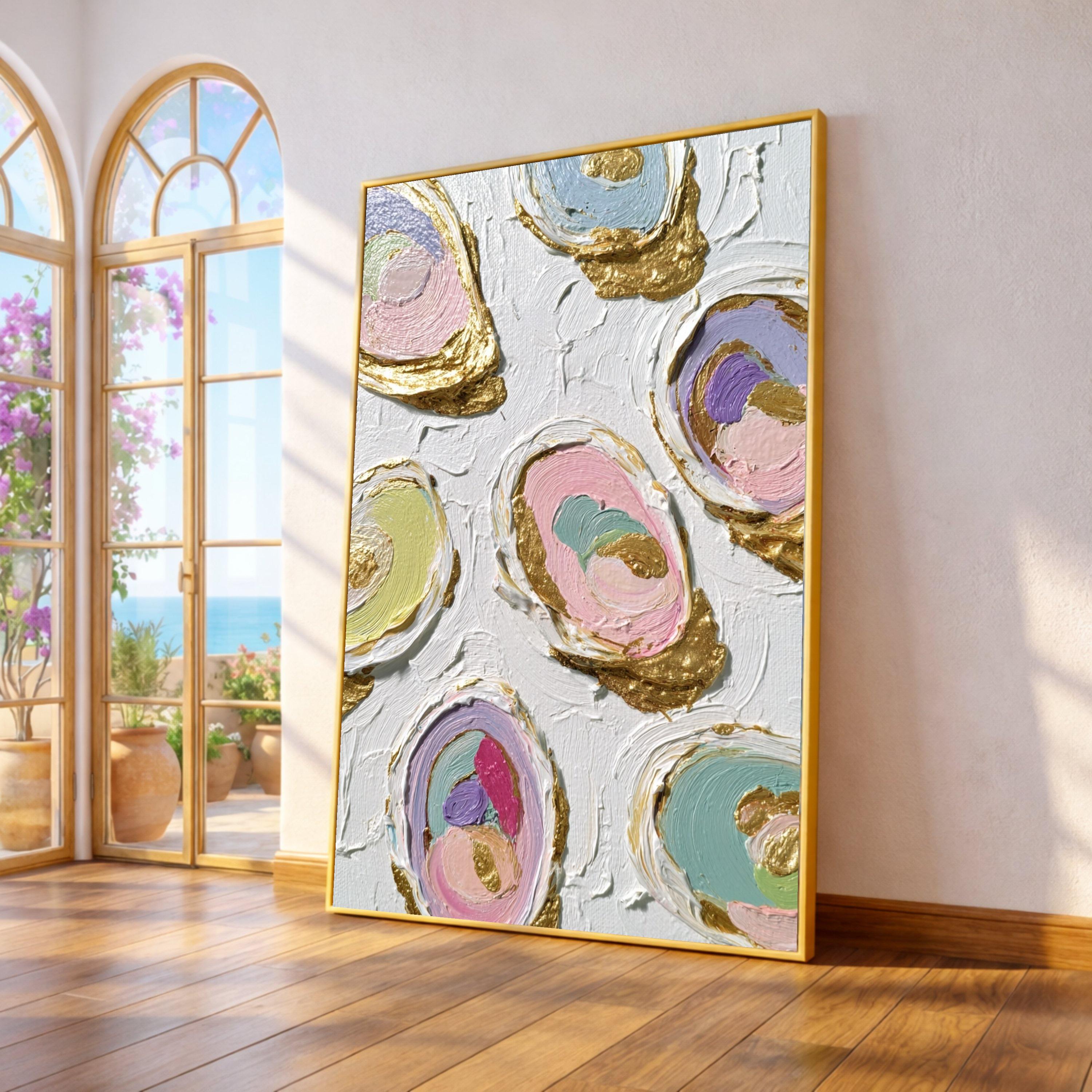 Large Framed Abstract Canvas, Colorful Art, Gold Accent Wall, Modern Home Decoration