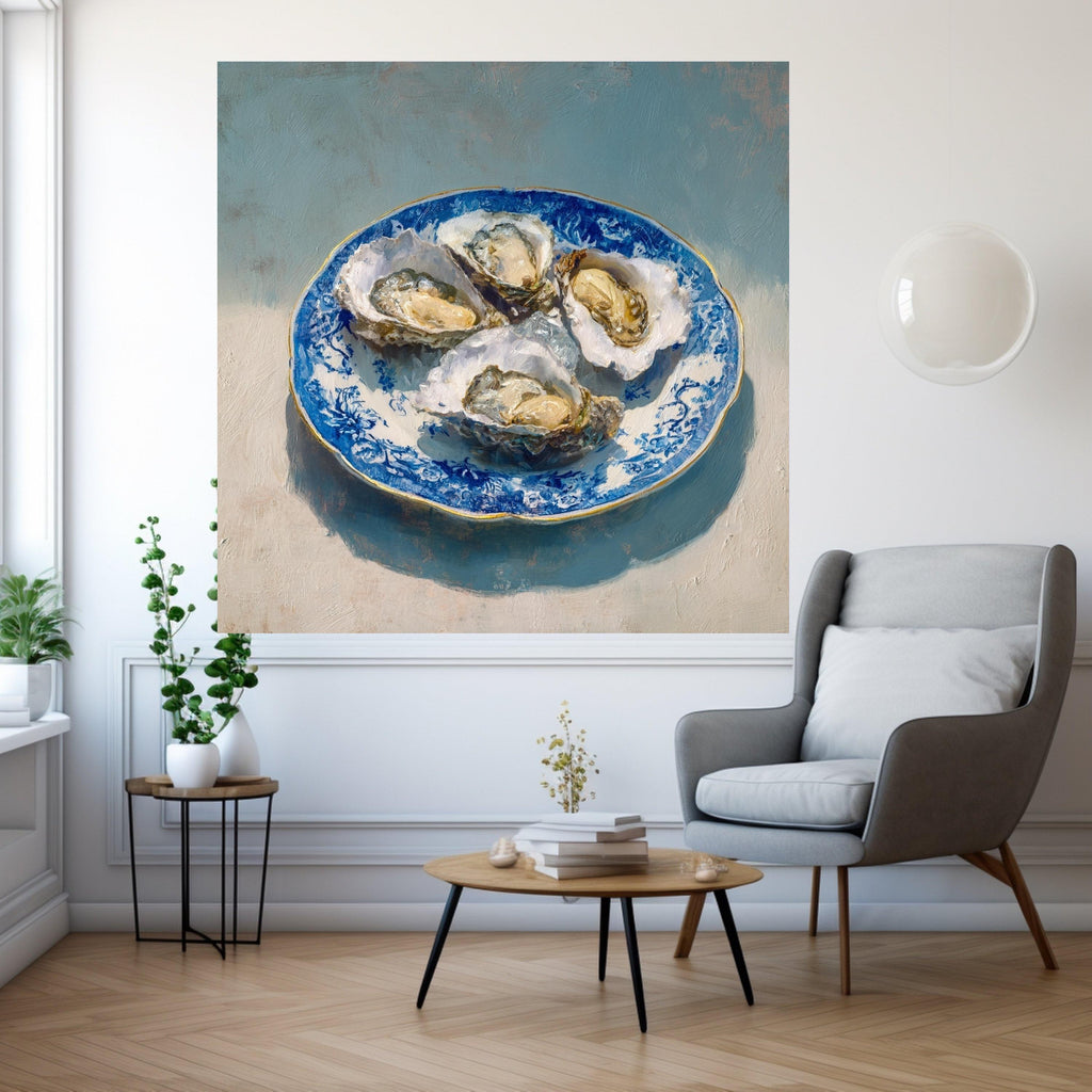 Elegant Oyster Shell Art Canvas, Coastal Oyster Print Wall Art, Blue Plate Oyster Decor, Nautical Oyster Shell Wall Art, Ready to Hang