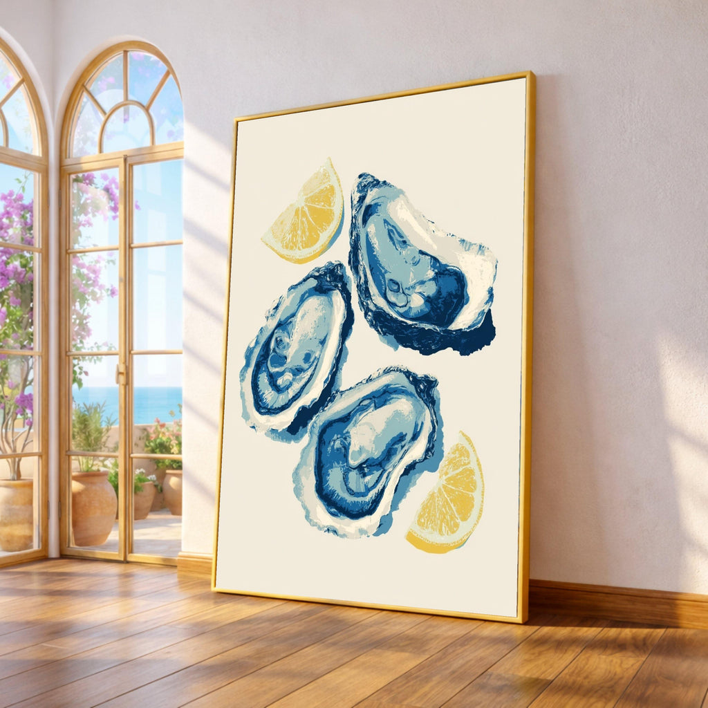 Blue Oyster Art, Coastal Canvas, Seafood Wall Art, Oyster Shell Print, Nautical Kitchen Canvas Art, Beach House Wall Decor