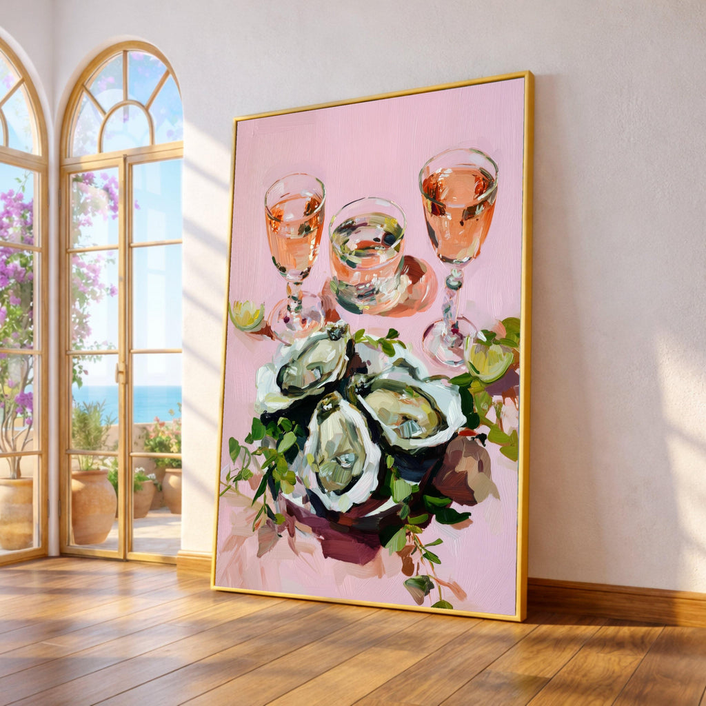 Oyster Shell Art with Rosé Wine, Oyster Print Canvas, Oyster Wall Art, Coastal Oyster Decor, Oyster Prints Canvas, Elegant Oyster Shell Wall