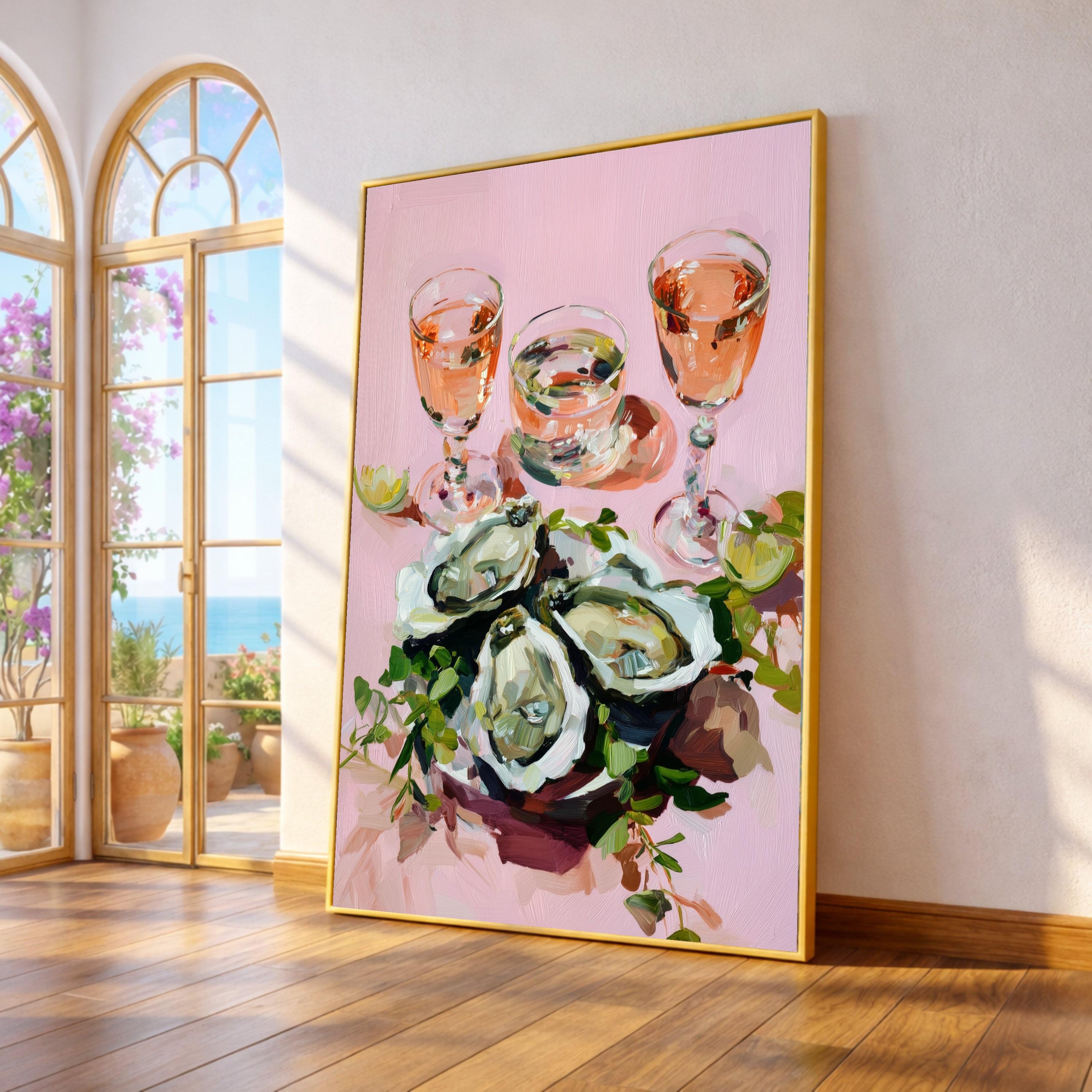 Oyster Shell Art with Rosé Wine, Oyster Print Canvas, Oyster Wall Art, Coastal Oyster Decor, Oyster Prints Canvas, Elegant Oyster Shell Wall