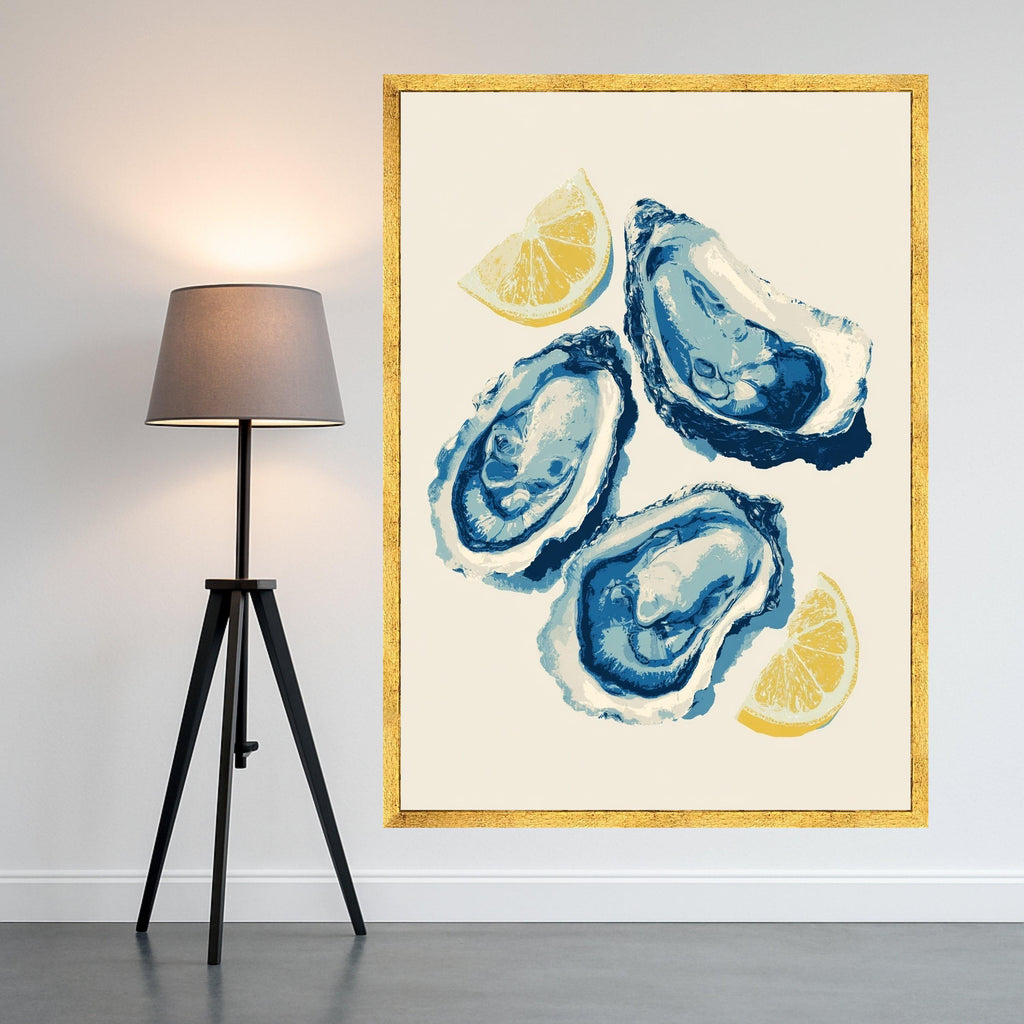 Blue Oyster Art, Coastal Canvas, Seafood Wall Art, Oyster Shell Print, Nautical Kitchen Canvas Art, Beach House Wall Decor