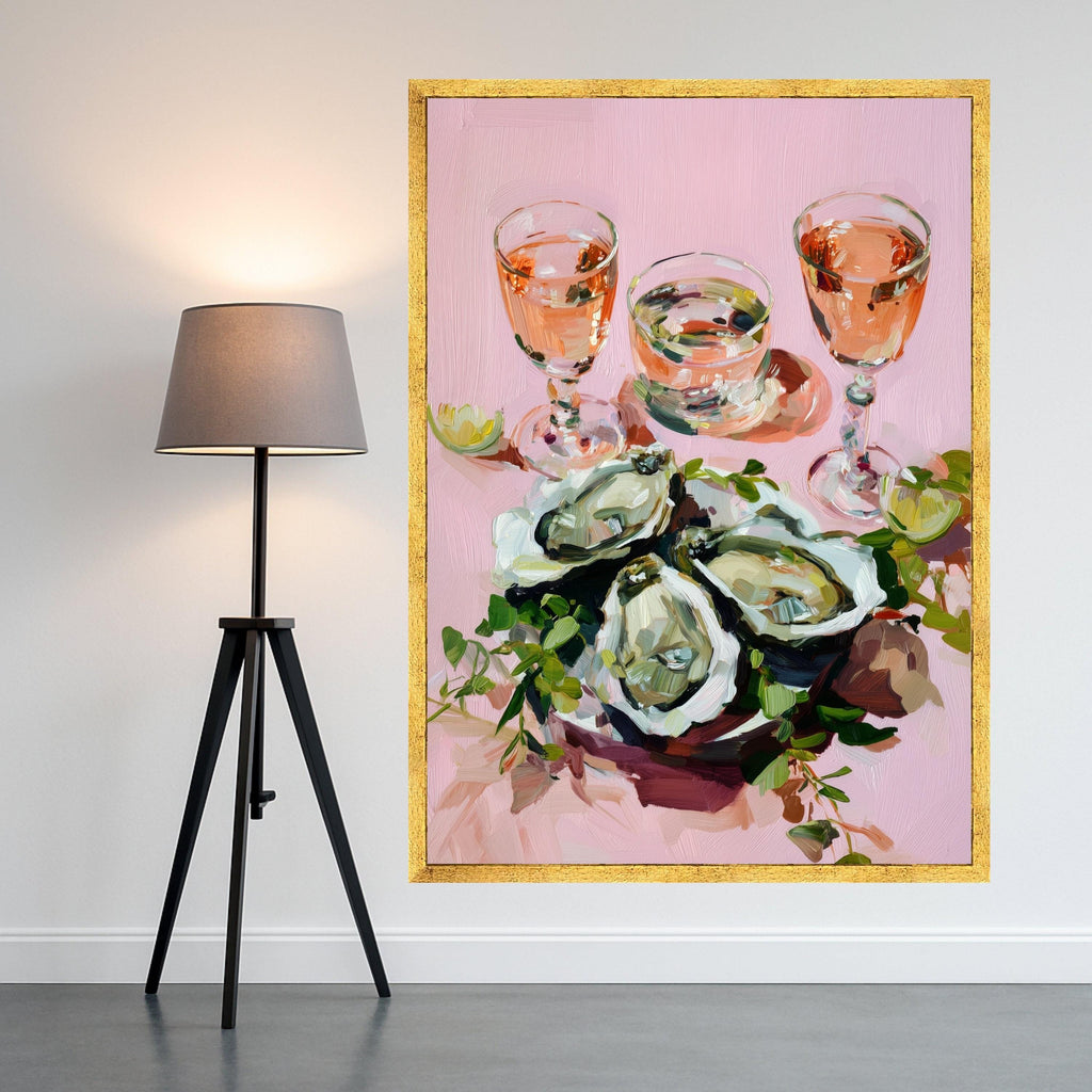 Oyster Shell Art with Rosé Wine, Oyster Print Canvas, Oyster Wall Art, Coastal Oyster Decor, Oyster Prints Canvas, Elegant Oyster Shell Wall