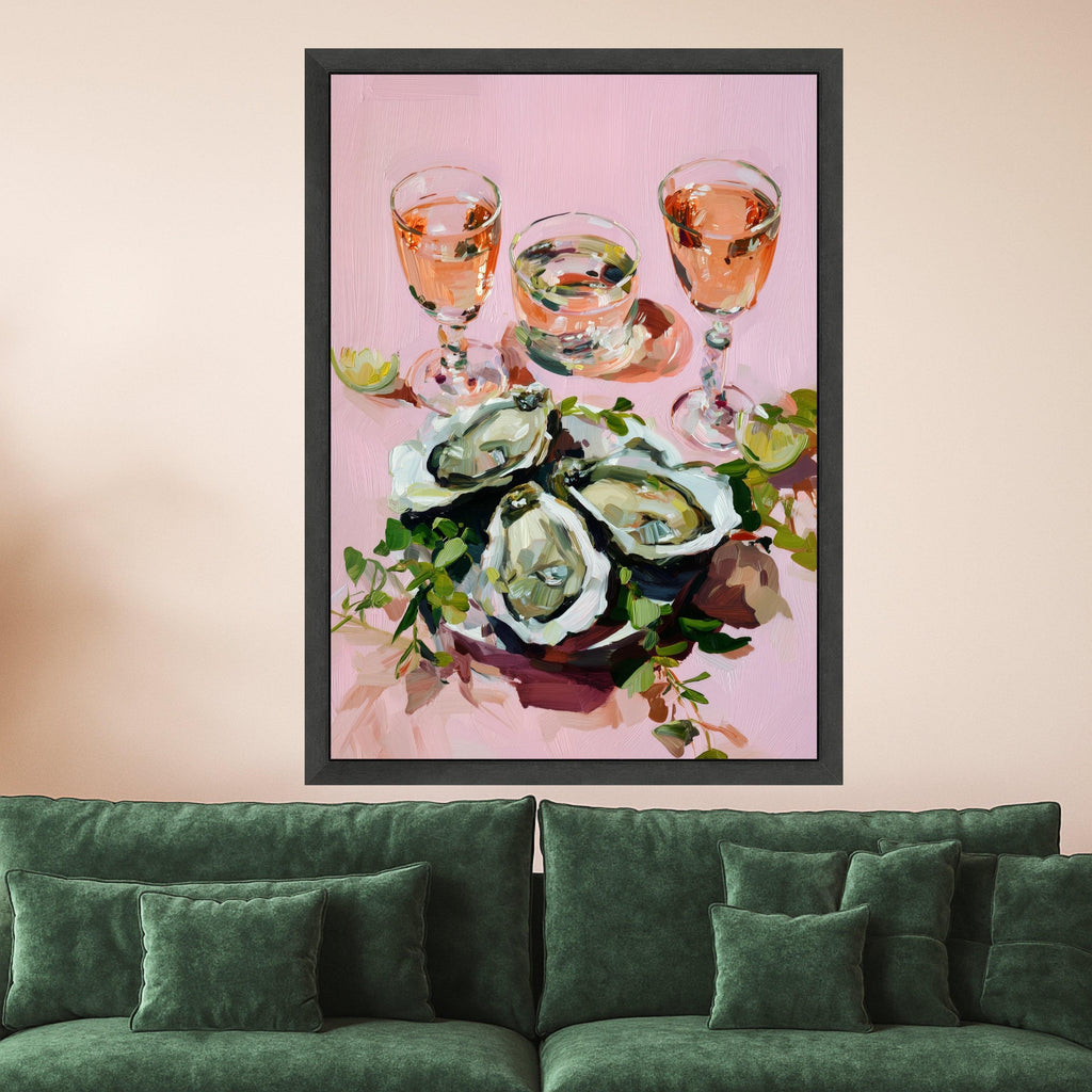 Oyster Shell Art with Rosé Wine, Oyster Print Canvas, Oyster Wall Art, Coastal Oyster Decor, Oyster Prints Canvas, Elegant Oyster Shell Wall