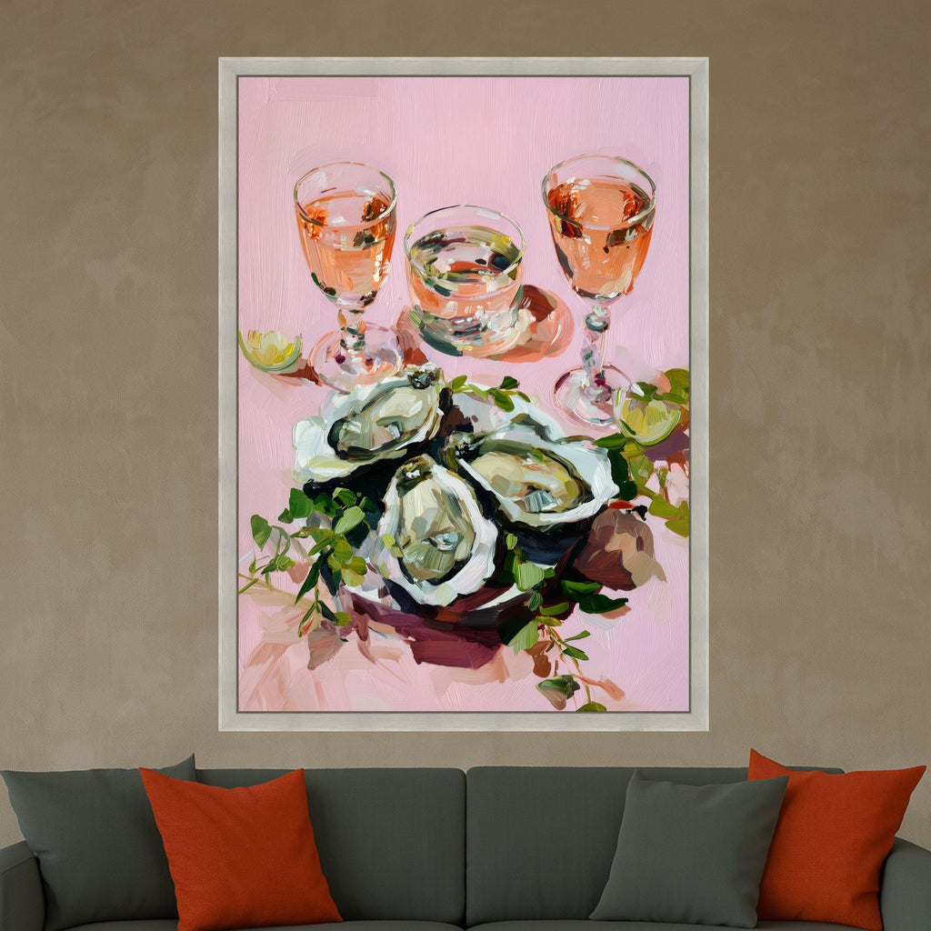 Oyster Shell Art with Rosé Wine, Oyster Print Canvas, Oyster Wall Art, Coastal Oyster Decor, Oyster Prints Canvas, Elegant Oyster Shell Wall