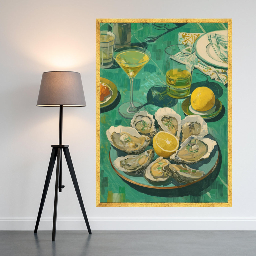 Fresh Oyster Shell Art Canvas, Lemon and Cocktail Still Life, Oyster Print Wall Art, Coastal Oyster Decor, Gourmet Seafood Canvas