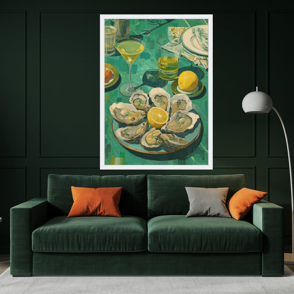 Fresh Oyster Shell Art Canvas, Lemon and Cocktail Still Life, Oyster Print Wall Art, Coastal Oyster Decor, Gourmet Seafood Canvas