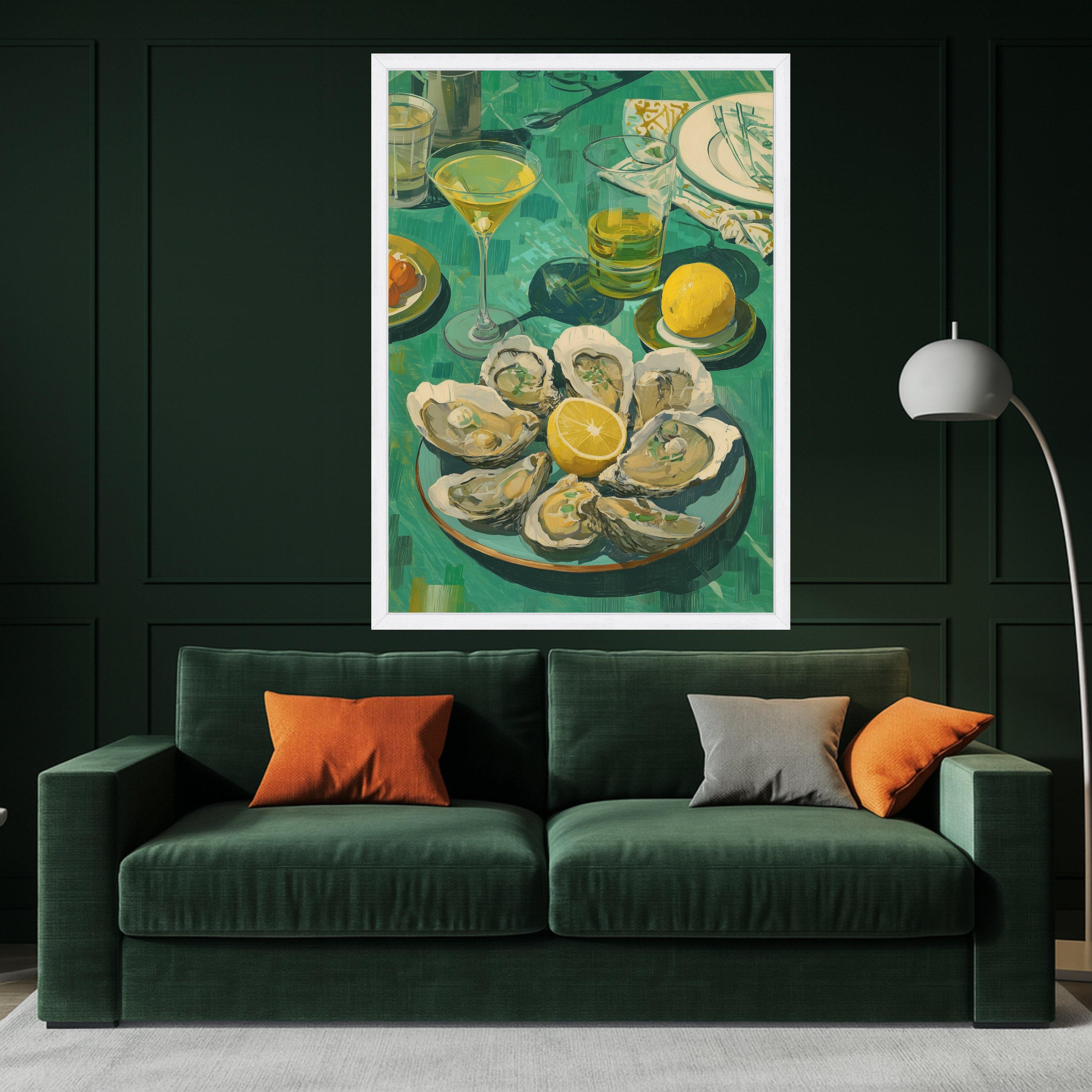 Fresh Oyster Shell Art Canvas, Lemon and Cocktail Still Life, Oyster Print Wall Art, Coastal Oyster Decor, Gourmet Seafood Canvas