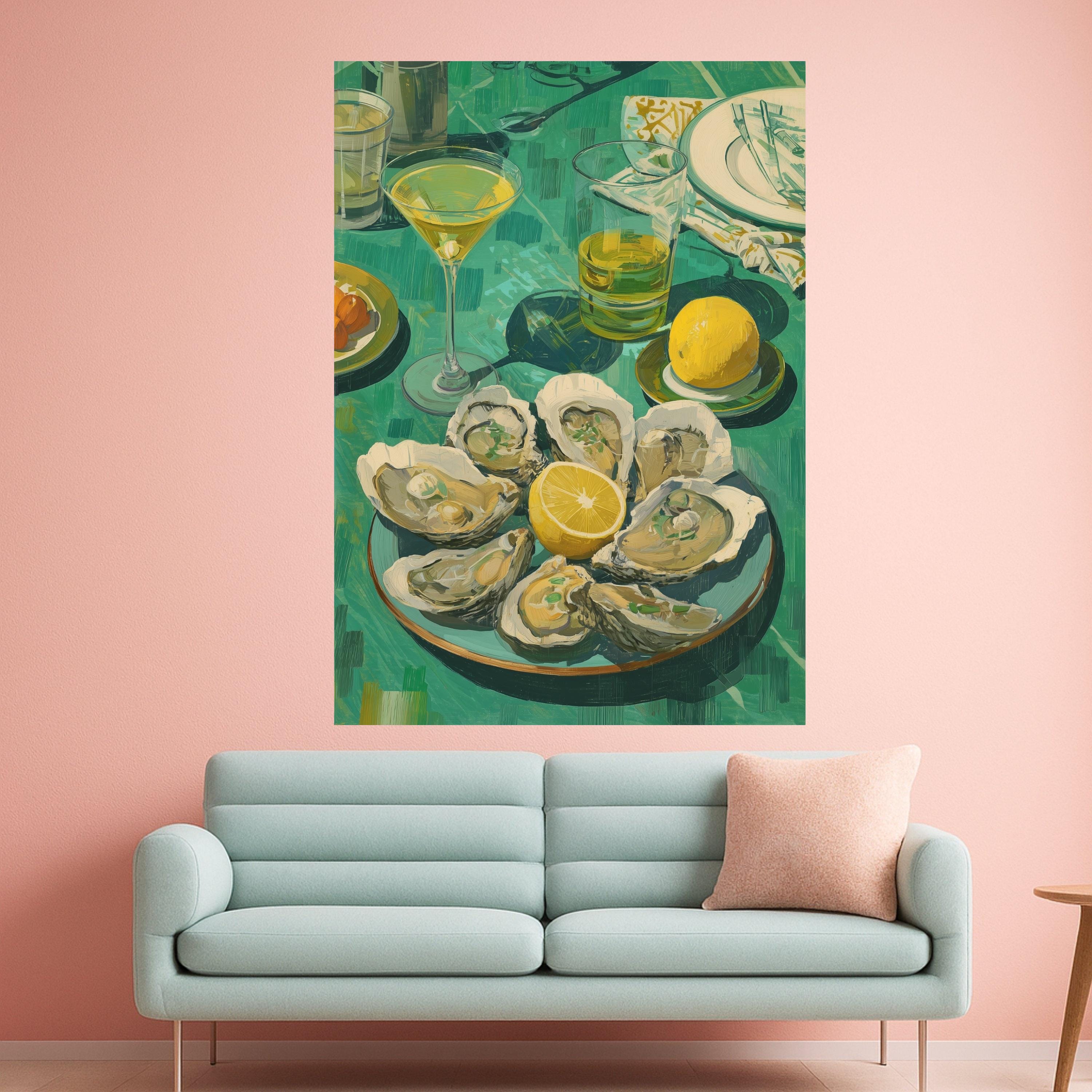 Fresh Oyster Shell Art Canvas, Lemon and Cocktail Still Life, Oyster Print Wall Art, Coastal Oyster Decor, Gourmet Seafood Canvas