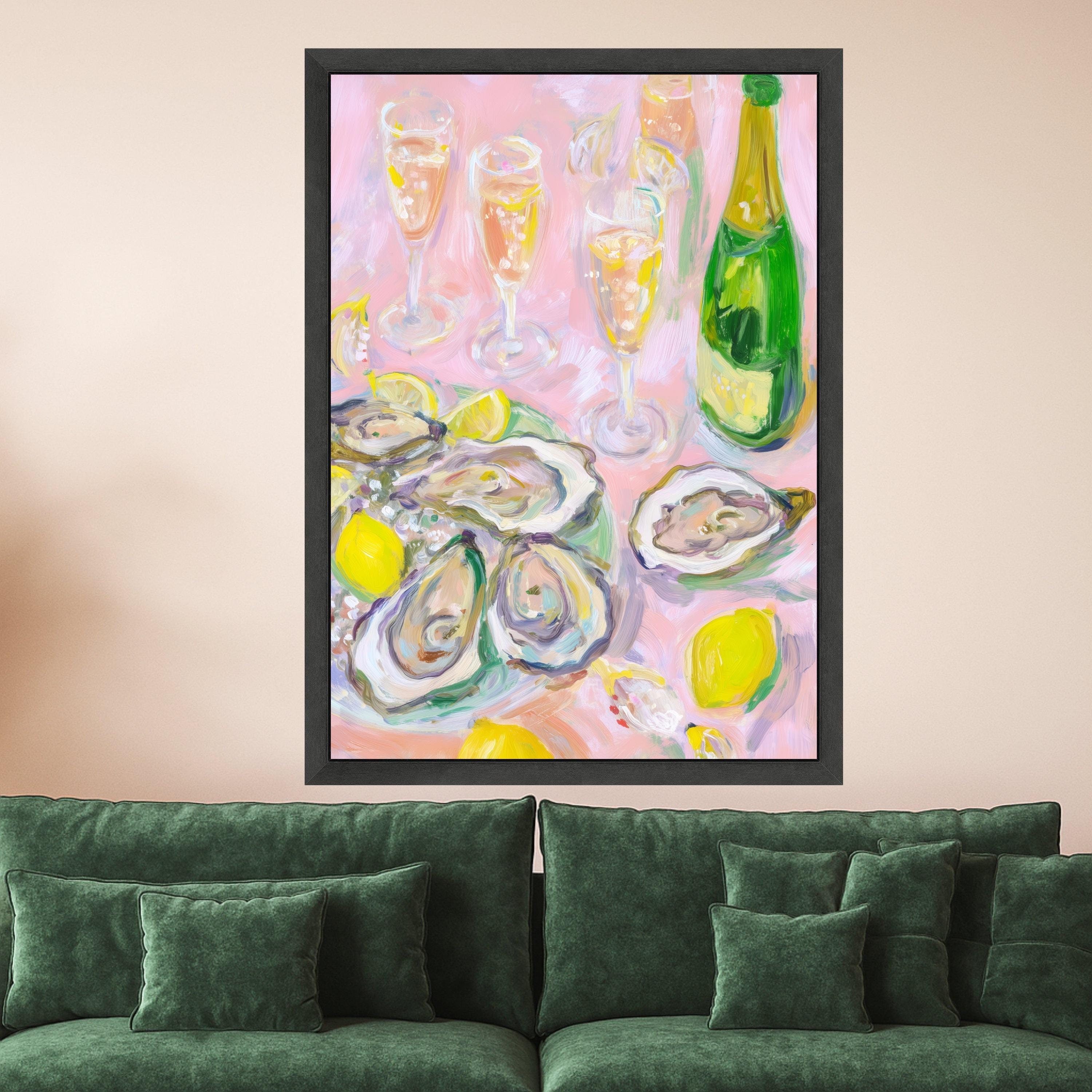 Elegant Oyster Art Canvas, Champagne and Lemon Oyster Shell Wall Art, Coastal Oyster Decor, Oyster Print, Nautical Canvas Decoration