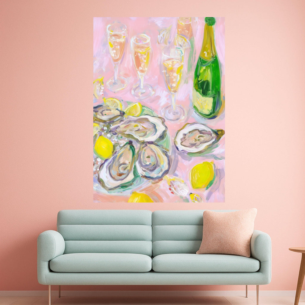 Elegant Oyster Art Canvas, Champagne and Lemon Oyster Shell Wall Art, Coastal Oyster Decor, Oyster Print, Nautical Canvas Decoration
