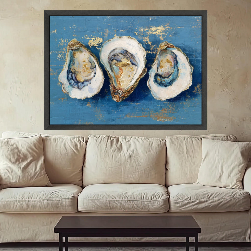 Elegant Oyster Art Canvas, Oyster Shell Wall Art, Coastal Oyster Print, Marine Decor, Blue and Gold Oyster Prints, Nautical Canvas Wall Art