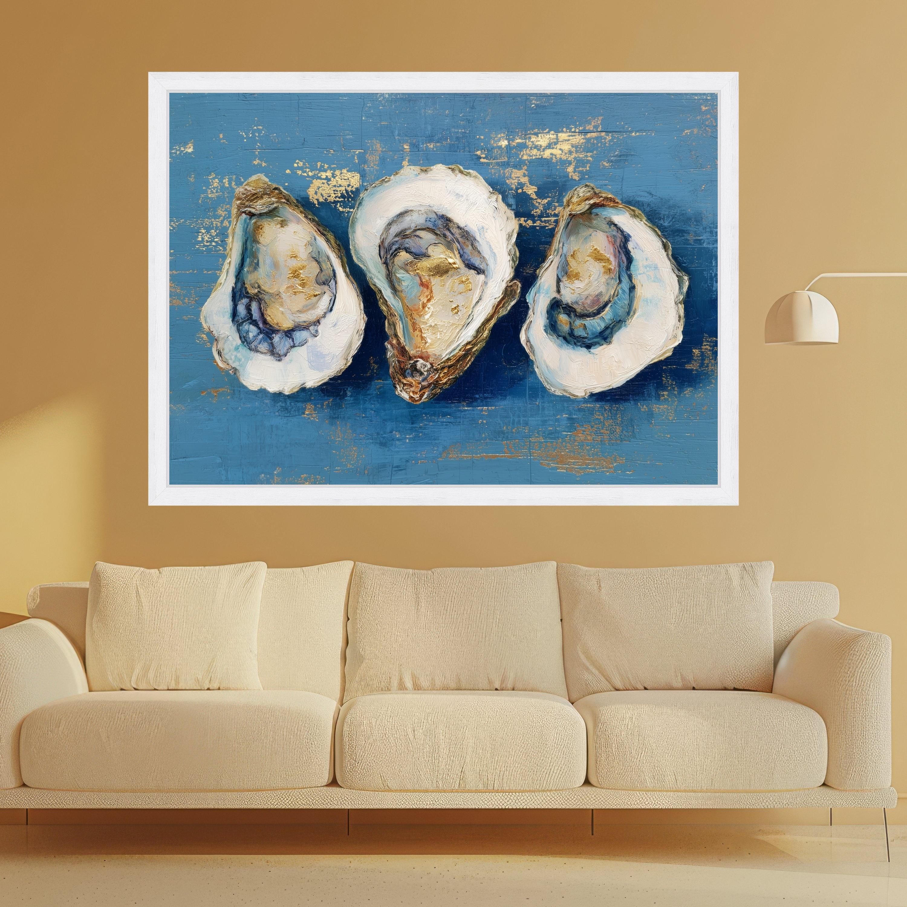Elegant Oyster Art Canvas, Oyster Shell Wall Art, Coastal Oyster Print, Marine Decor, Blue and Gold Oyster Prints, Nautical Canvas Wall Art