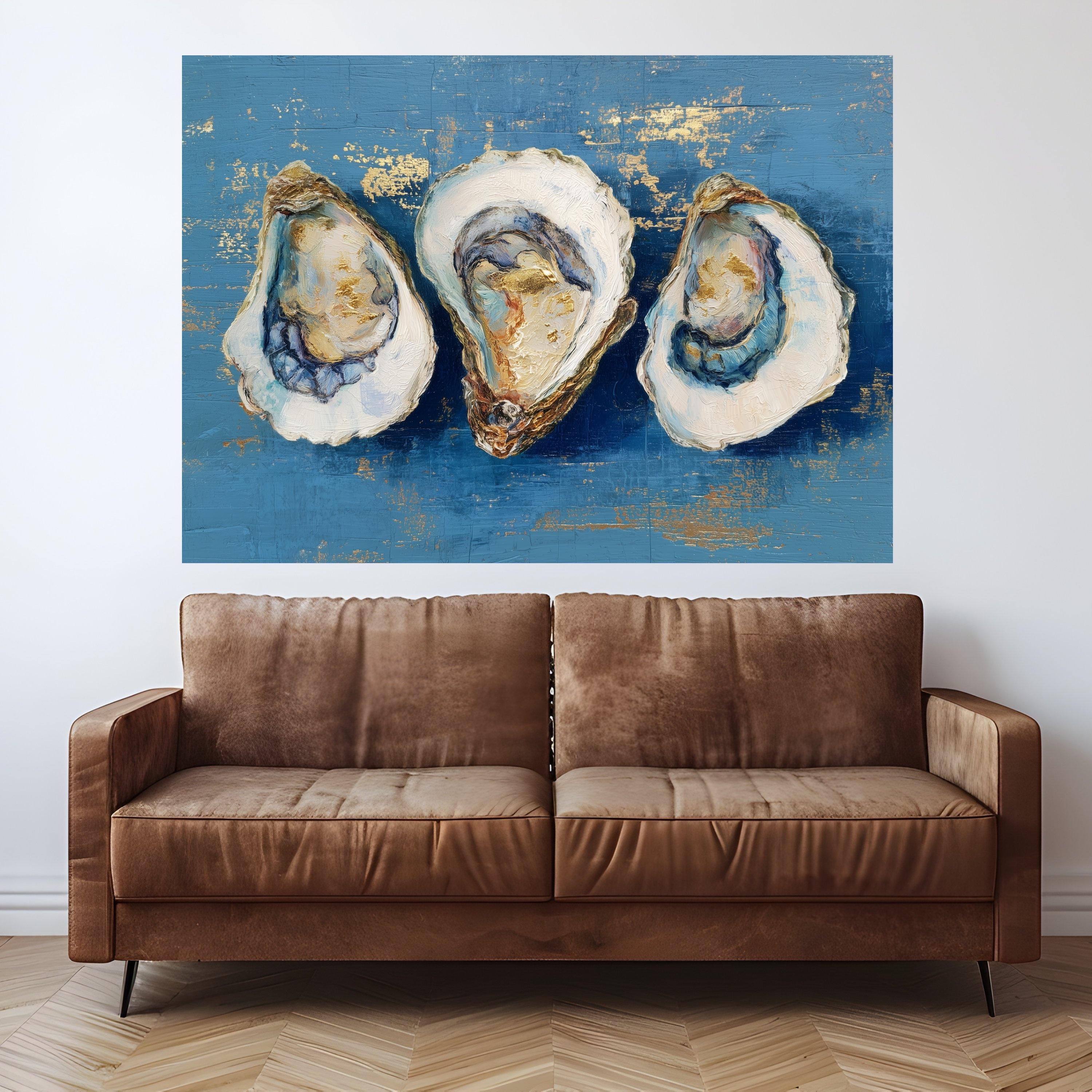 Elegant Oyster Art Canvas, Oyster Shell Wall Art, Coastal Oyster Print, Marine Decor, Blue and Gold Oyster Prints, Nautical Canvas Wall Art