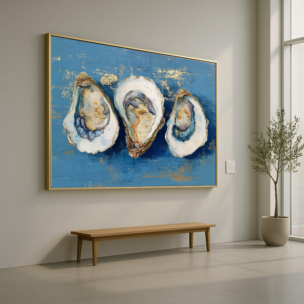 Elegant Oyster Art Canvas, Oyster Shell Wall Art, Coastal Oyster Print, Marine Decor, Blue and Gold Oyster Prints, Nautical Canvas Wall Art