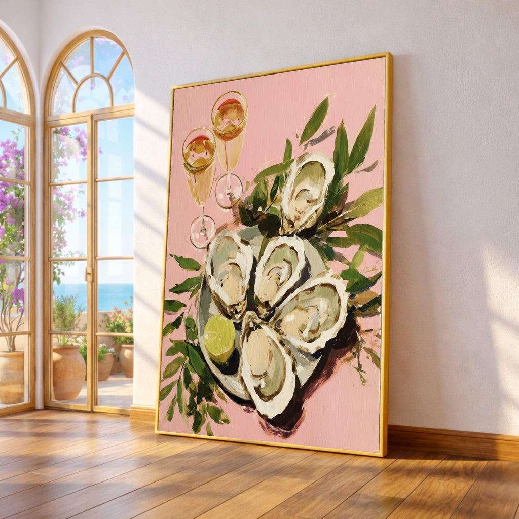 Elegant Oyster Shell Art Canvas, Coastal Oyster Print Wall Art, Oyster Decor with Lime and Champagne Glasses, Oyster Shell Wall Art, Ready