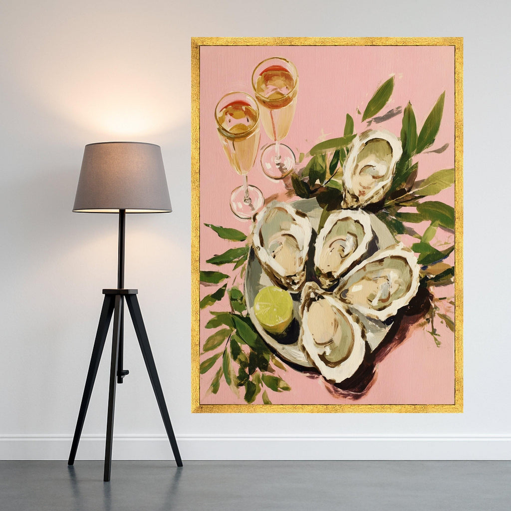 Elegant Oyster Shell Art Canvas, Coastal Oyster Print Wall Art, Oyster Decor with Lime and Champagne Glasses, Oyster Shell Wall Art, Ready