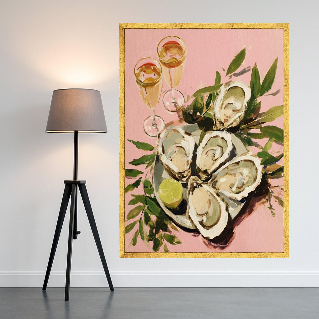 Elegant Oyster Shell Art Canvas, Coastal Oyster Print Wall Art, Oyster Decor with Lime and Champagne Glasses, Oyster Shell Wall Art, Ready