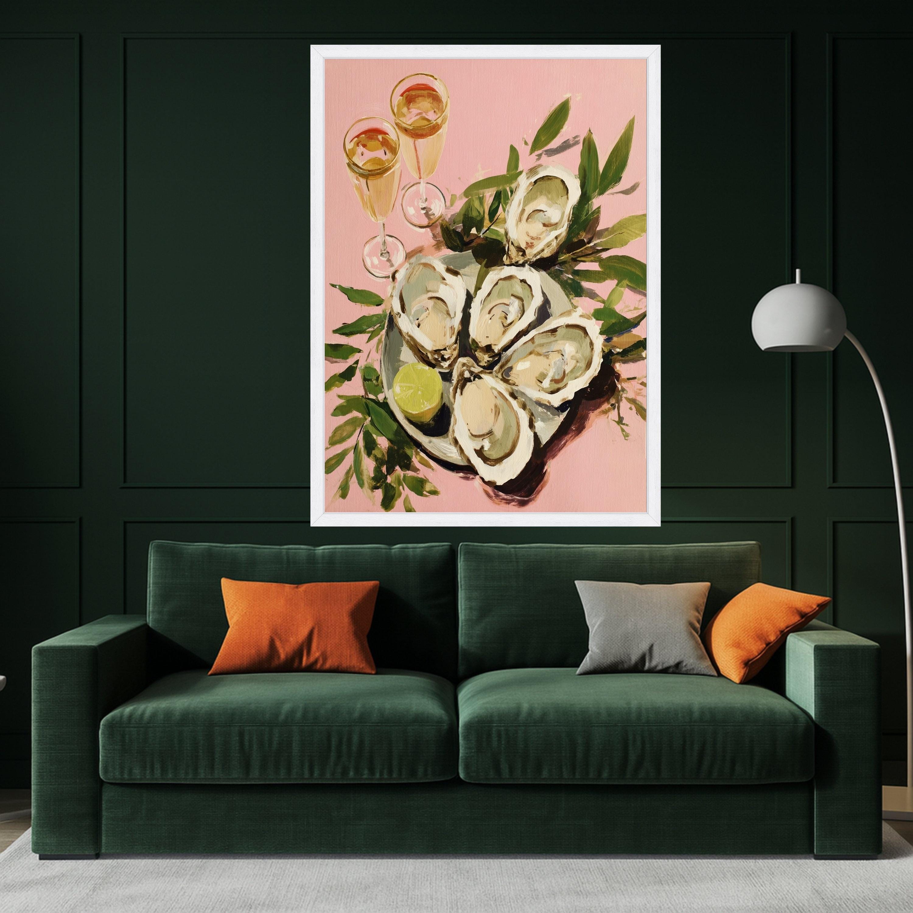 Elegant Oyster Shell Art Canvas, Coastal Oyster Print Wall Art, Oyster Decor with Lime and Champagne Glasses, Oyster Shell Wall Art, Ready