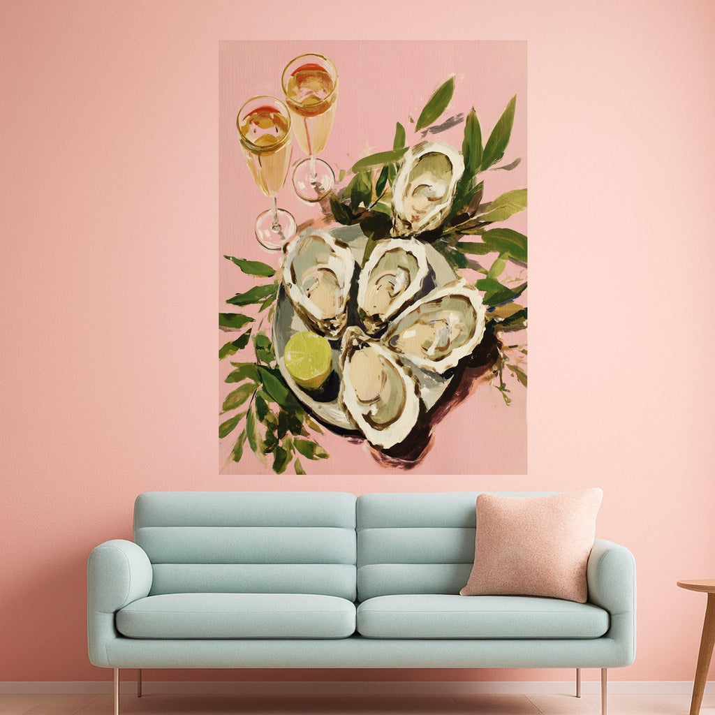 Elegant Oyster Shell Art Canvas, Coastal Oyster Print Wall Art, Oyster Decor with Lime and Champagne Glasses, Oyster Shell Wall Art, Ready