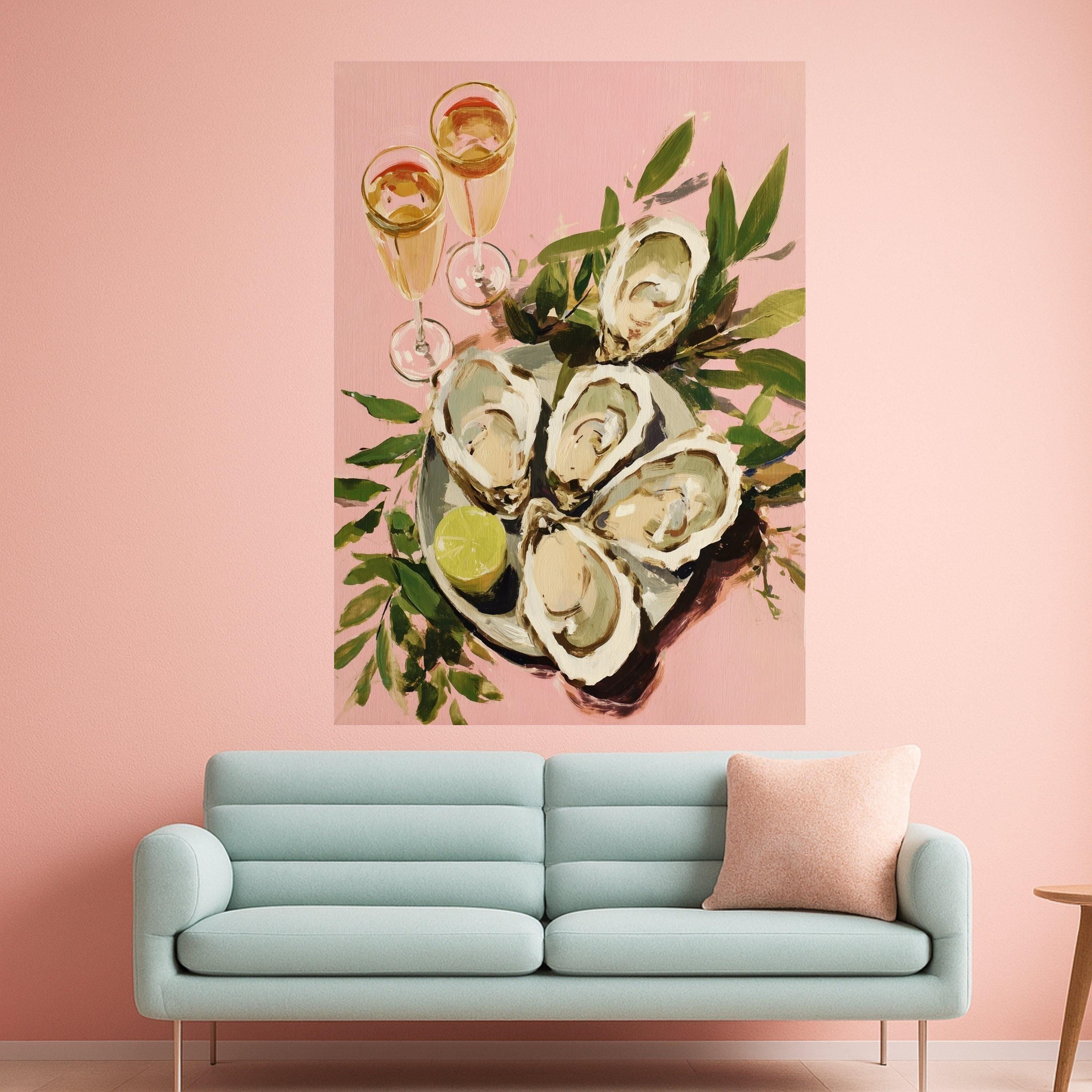 Elegant Oyster Shell Art Canvas, Coastal Oyster Print Wall Art, Oyster Decor with Lime and Champagne Glasses, Oyster Shell Wall Art, Ready