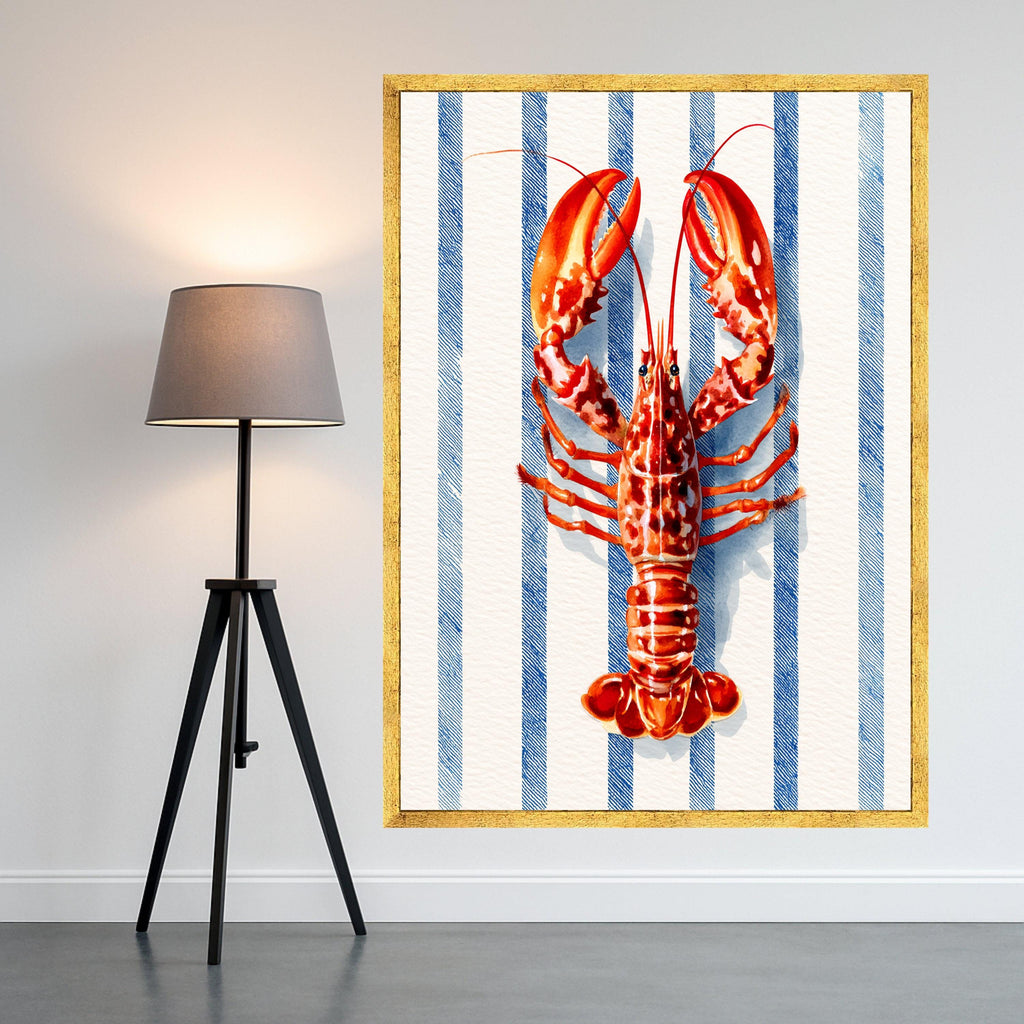 Vibrant Lobster Illustration Canvas, Nautical Blue Stripe Background, Coastal Kitchen Wall Art, Seafood Theme Canvas Decor