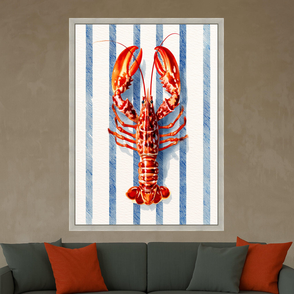 Vibrant Lobster Illustration Canvas, Nautical Blue Stripe Background, Coastal Kitchen Wall Art, Seafood Theme Canvas Decor
