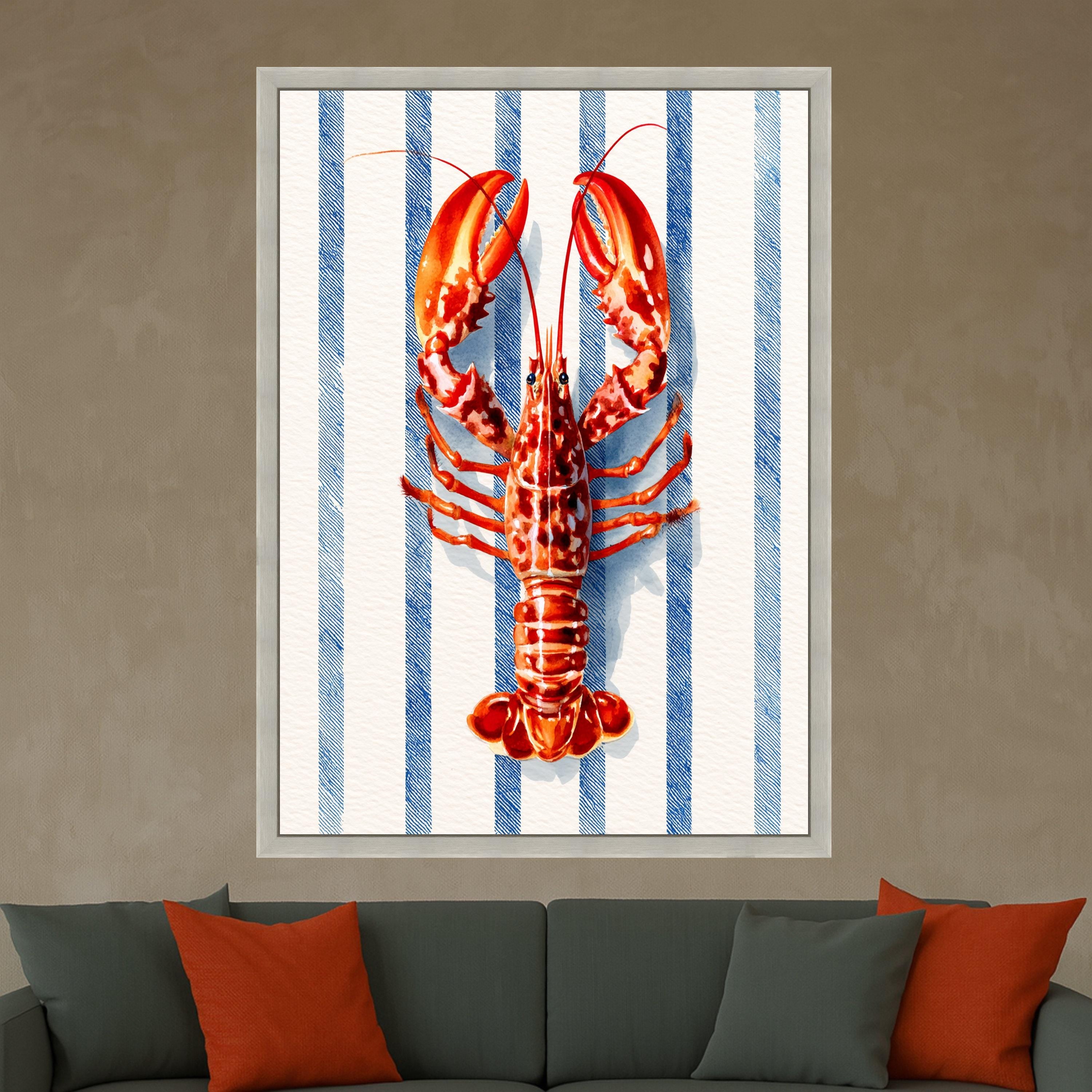 Vibrant Lobster Illustration Canvas, Nautical Blue Stripe Background, Coastal Kitchen Wall Art, Seafood Theme Canvas Decor