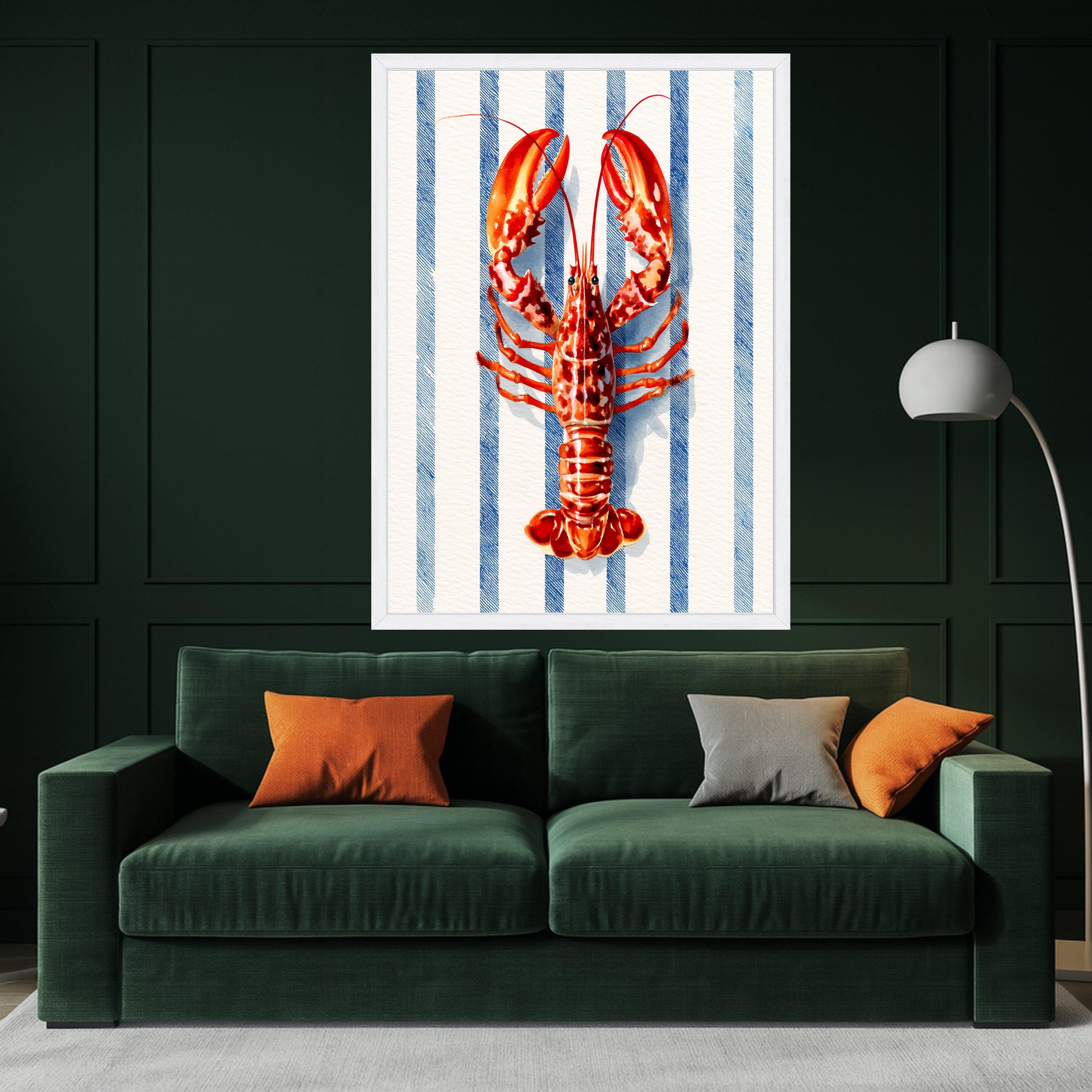 Vibrant Lobster Illustration Canvas, Nautical Blue Stripe Background, Coastal Kitchen Wall Art, Seafood Theme Canvas Decor