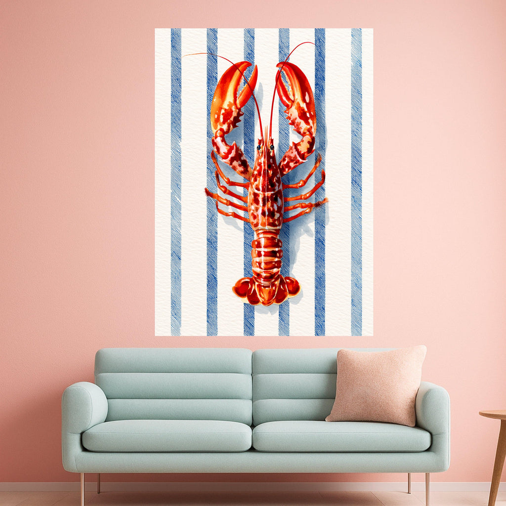 Vibrant Lobster Illustration Canvas, Nautical Blue Stripe Background, Coastal Kitchen Wall Art, Seafood Theme Canvas Decor